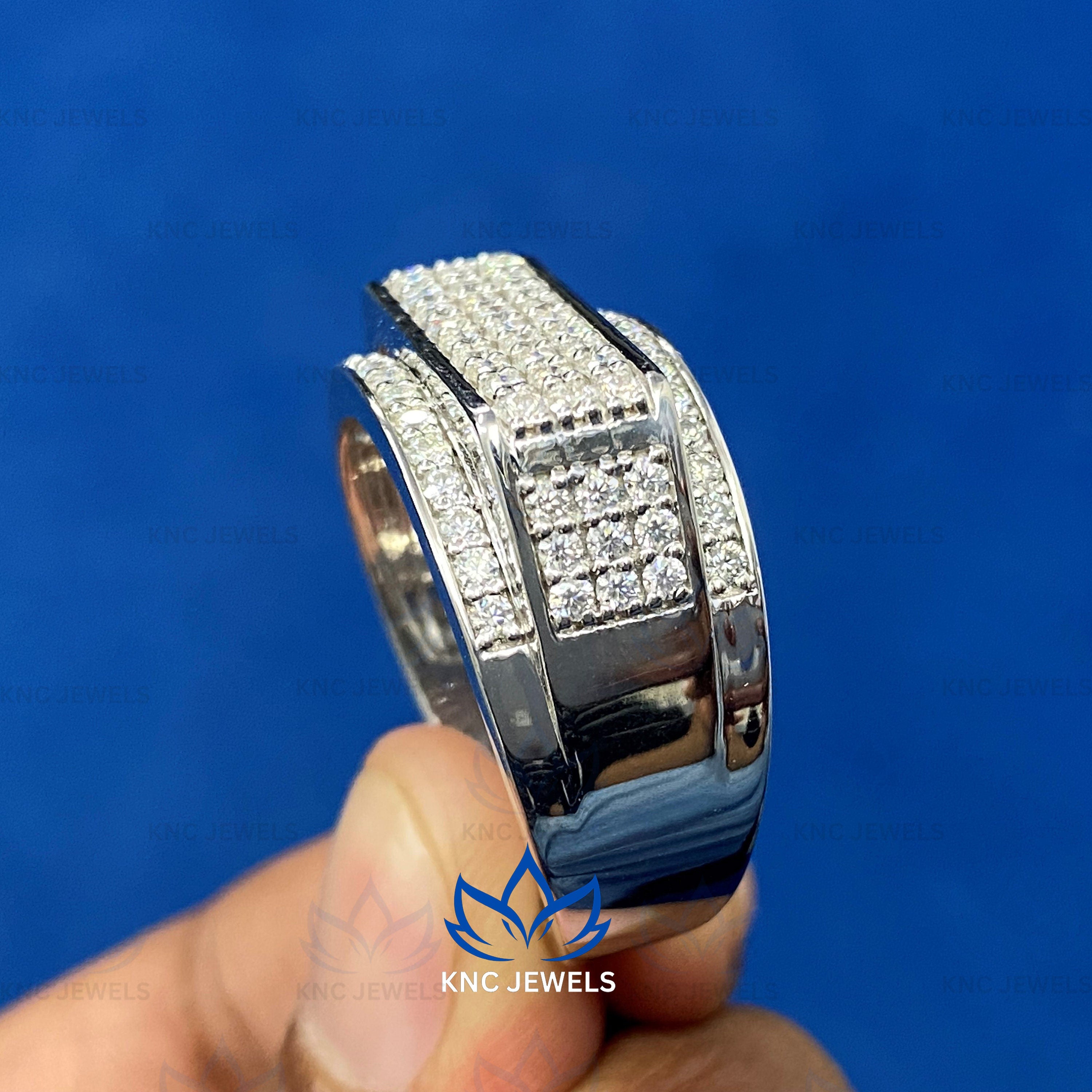 Mens Moissanite Engagement Ring | 925 Silver Iced Out Pave Wedding Band Gift for Him