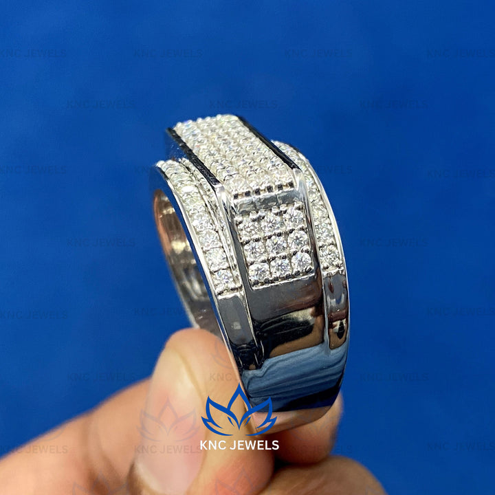 Mens Moissanite Engagement Ring | 925 Silver Iced Out Pave Wedding Band Gift for Him