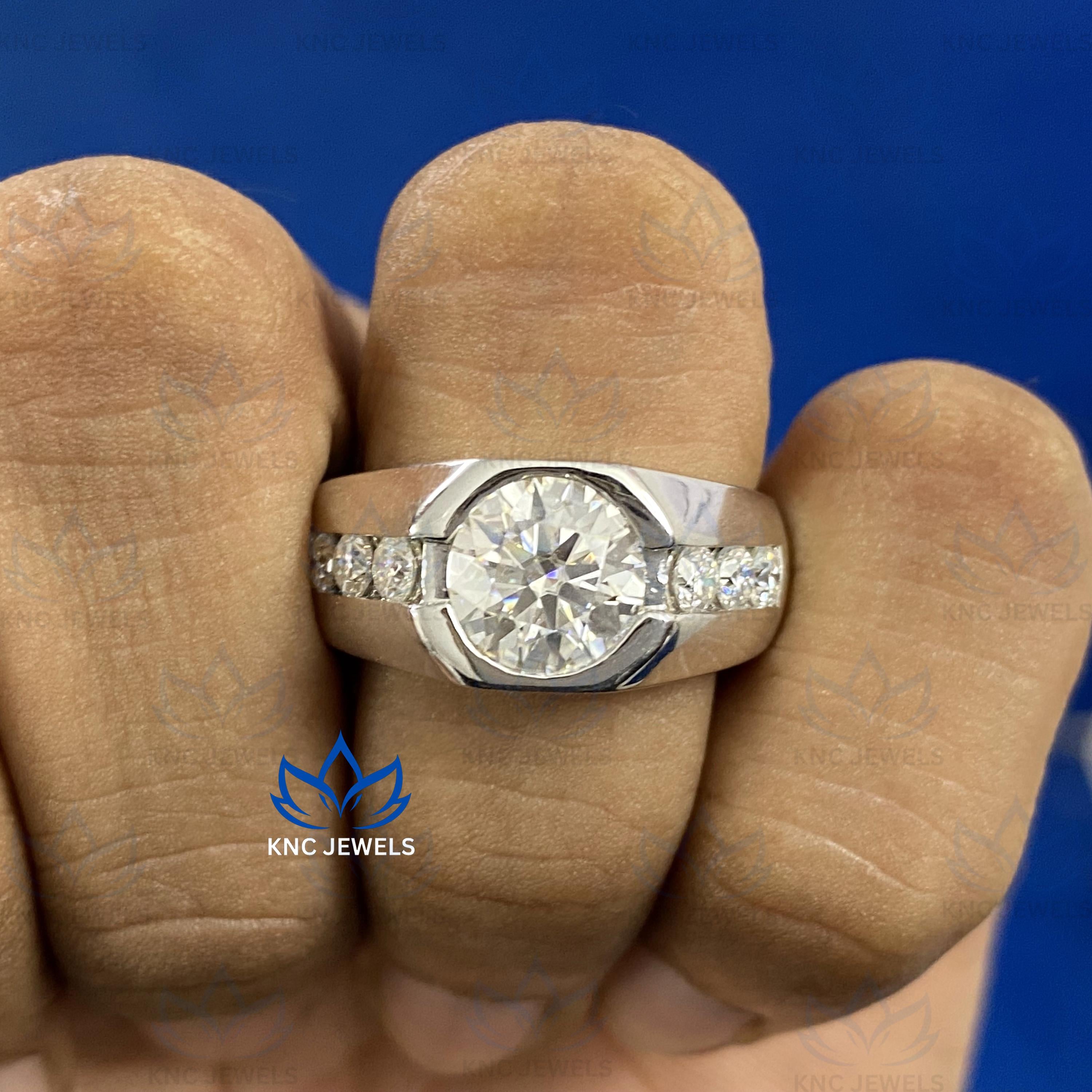 Men's Moissanite Ring: Round Cut Half Bezel Solitaire, 14K White Gold Sterling Silver Band
