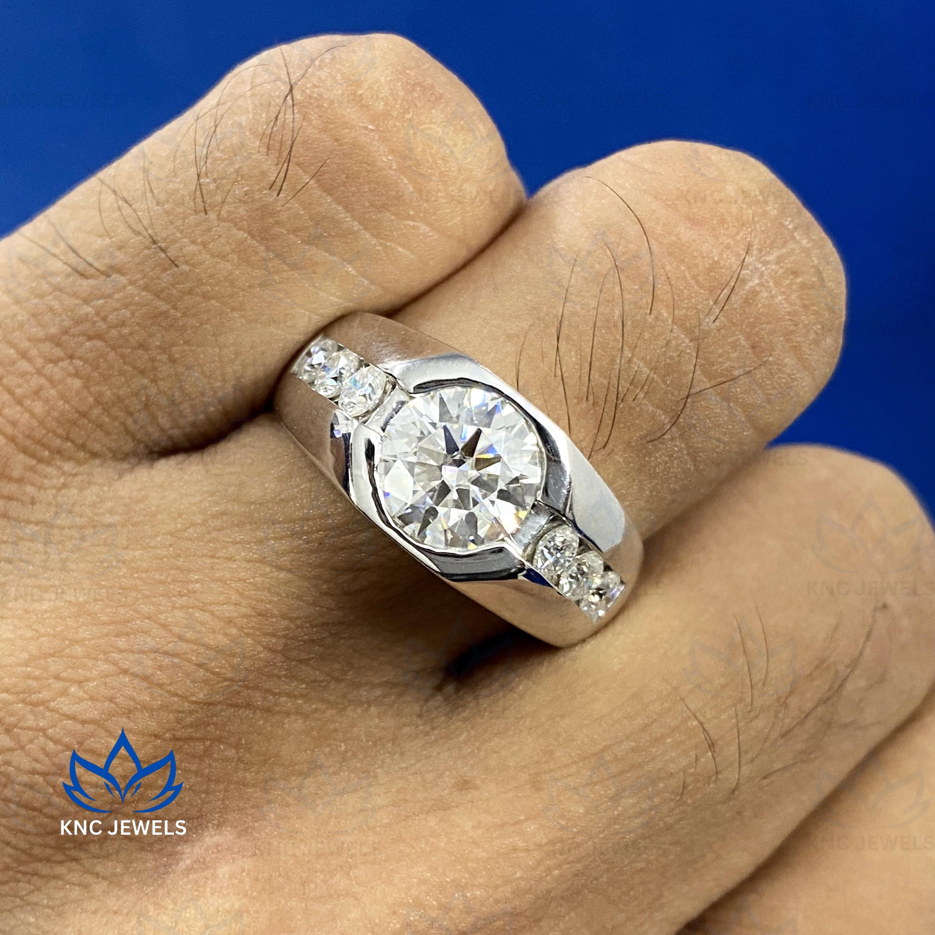 Men's Moissanite Ring: Round Cut Half Bezel Solitaire, 14K White Gold Sterling Silver Band