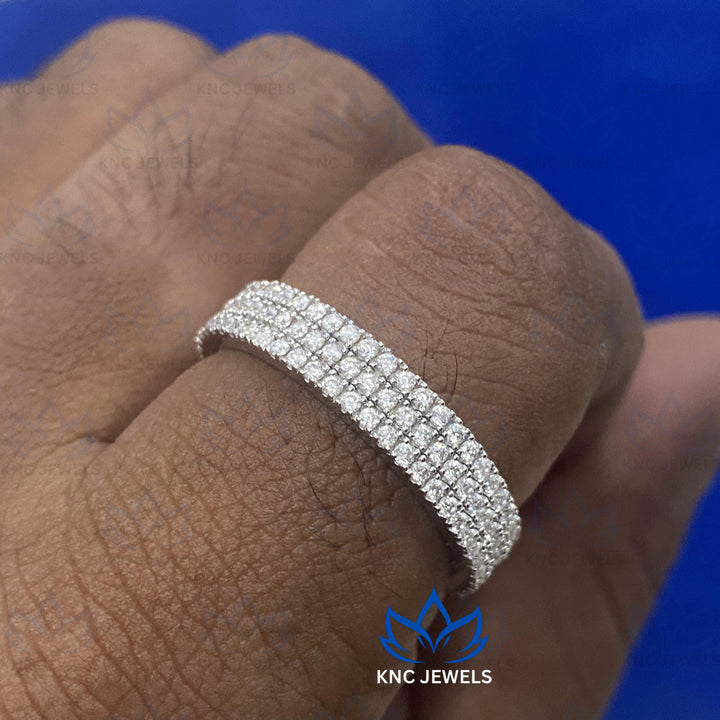 14K White Gold Moissanite Eternity Wedding Band Three Row Wedding Ring