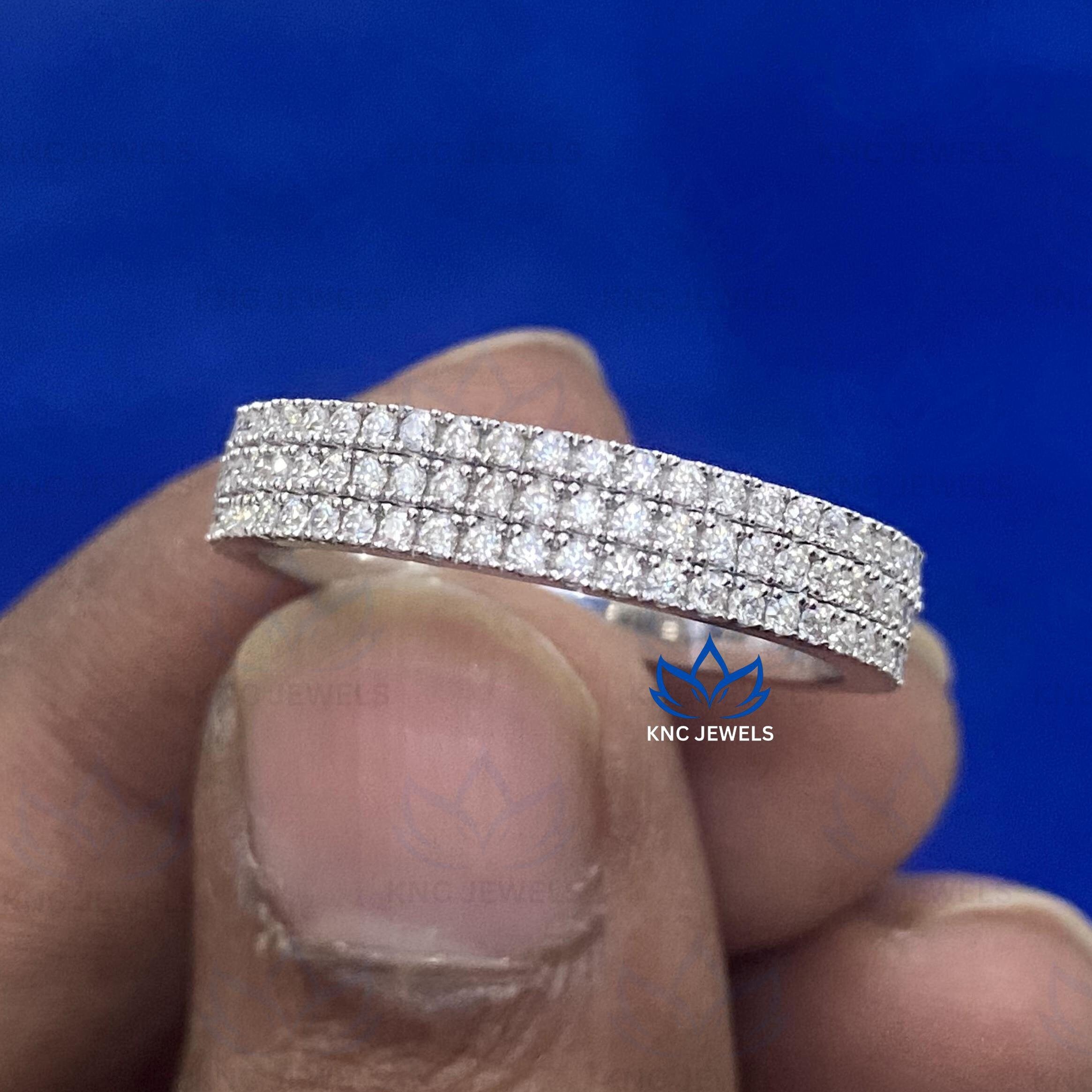 14K White Gold Moissanite Eternity Wedding Band Three Row Wedding Ring