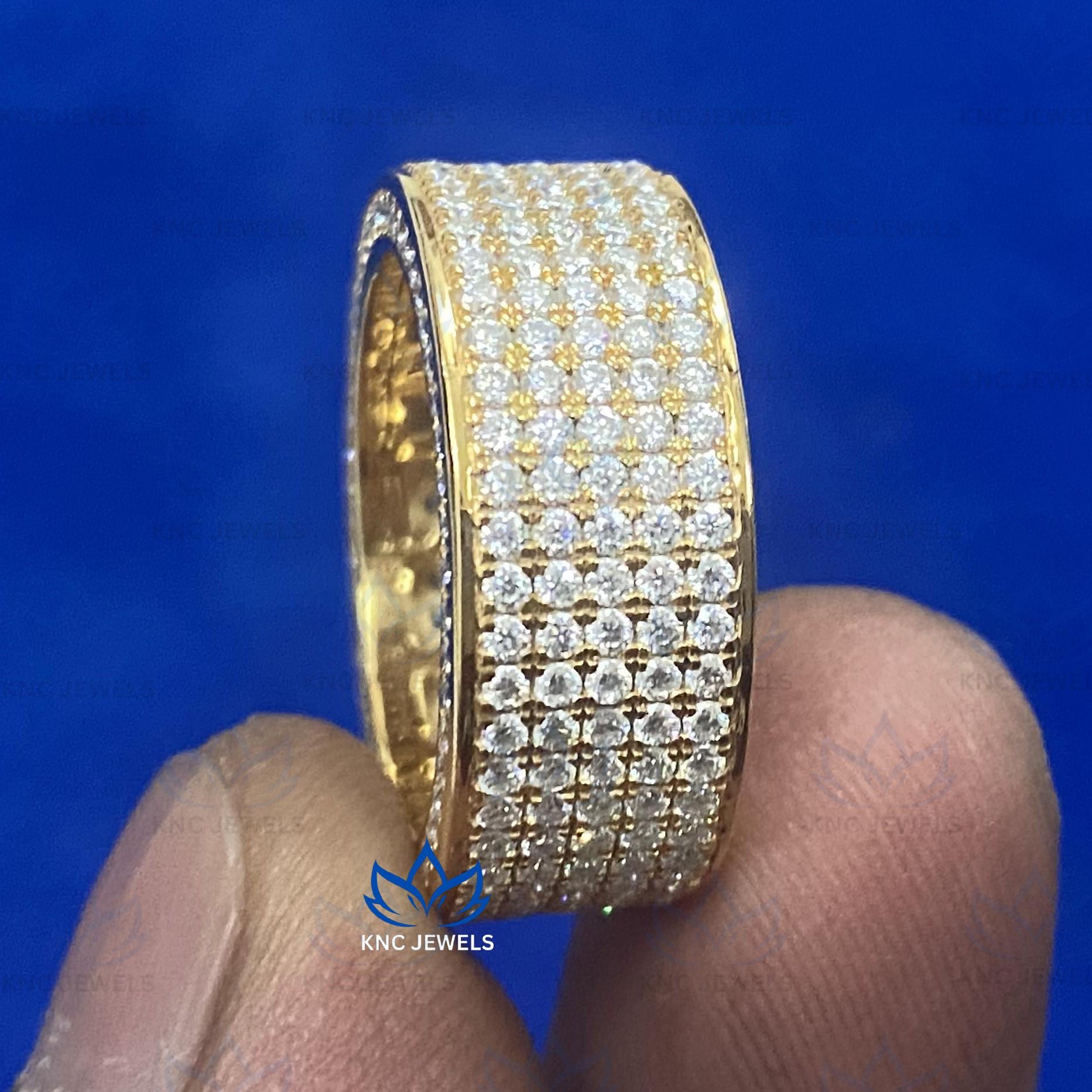 Mens Moissanite Wide Eternity Band Solid Gold Five Row Ring VVS Hip Hop Iced Out Wedding Band Gift
