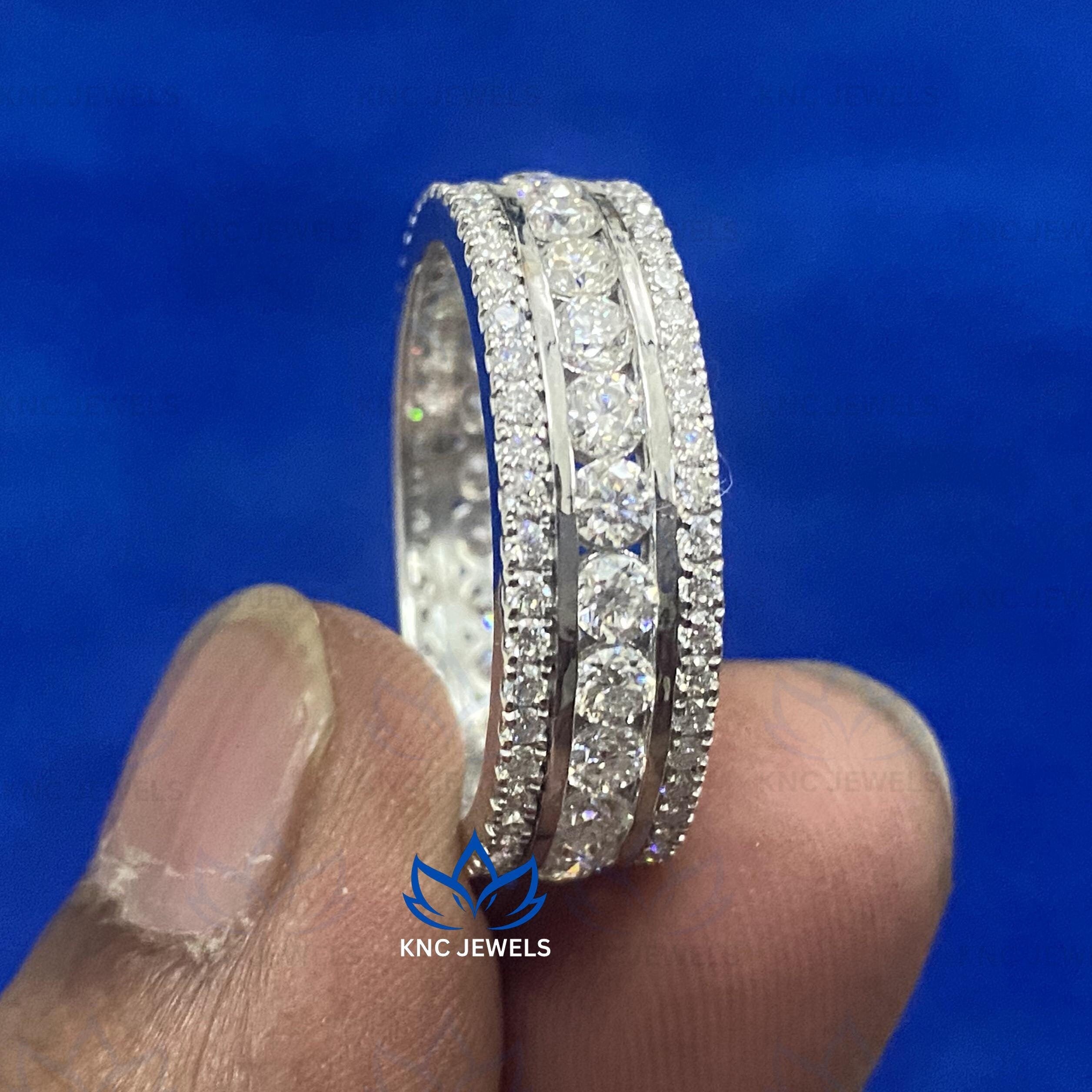 Moissanite Mens Wedding Band 3.2ct Eternity Ring Round Cut White Gold Husband Anniversary Gift