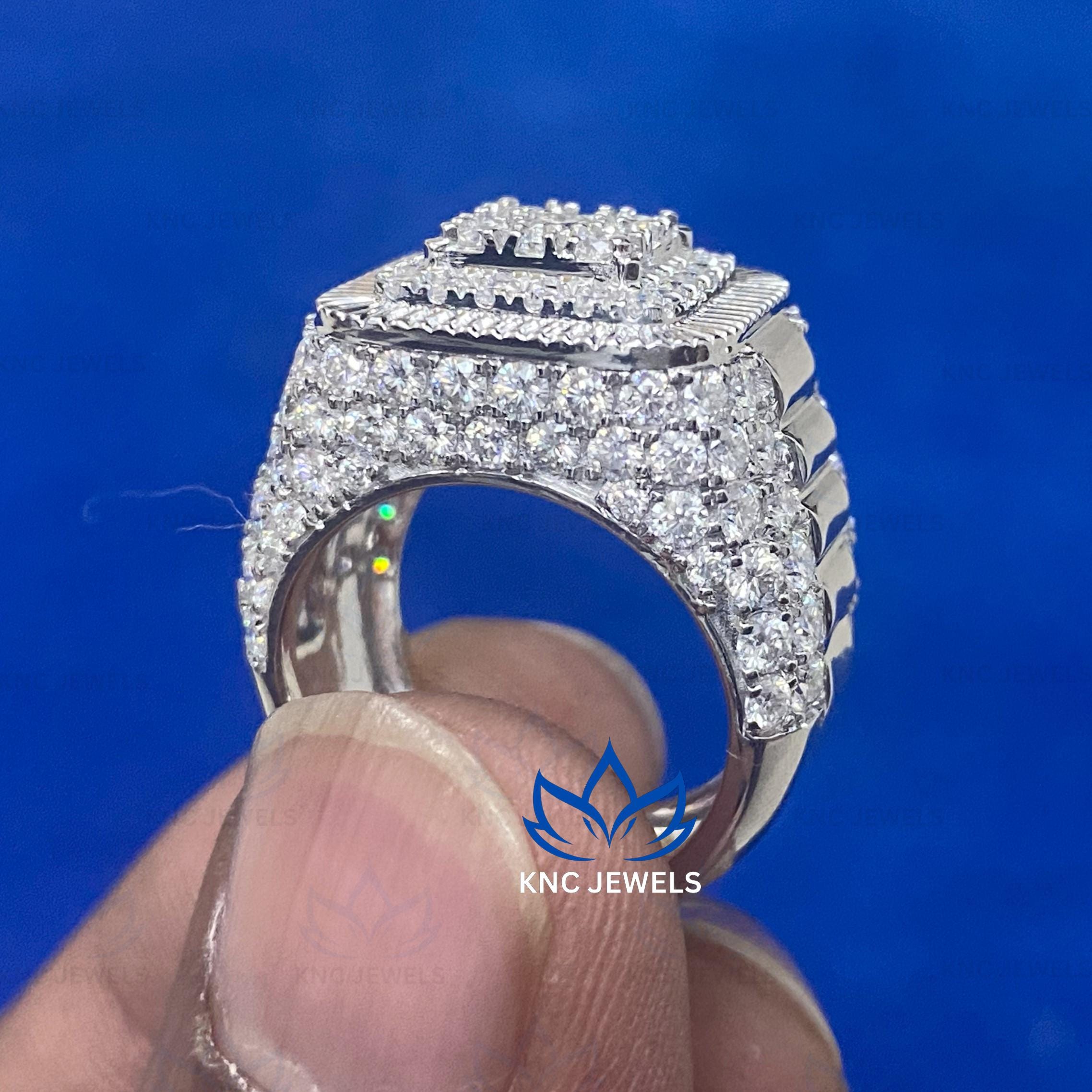 Iced Out Mens Moissanite Ring Sterling Silver Hip Hop Wedding Band Round Diamond Statement Engagement Ring Gift for Him
