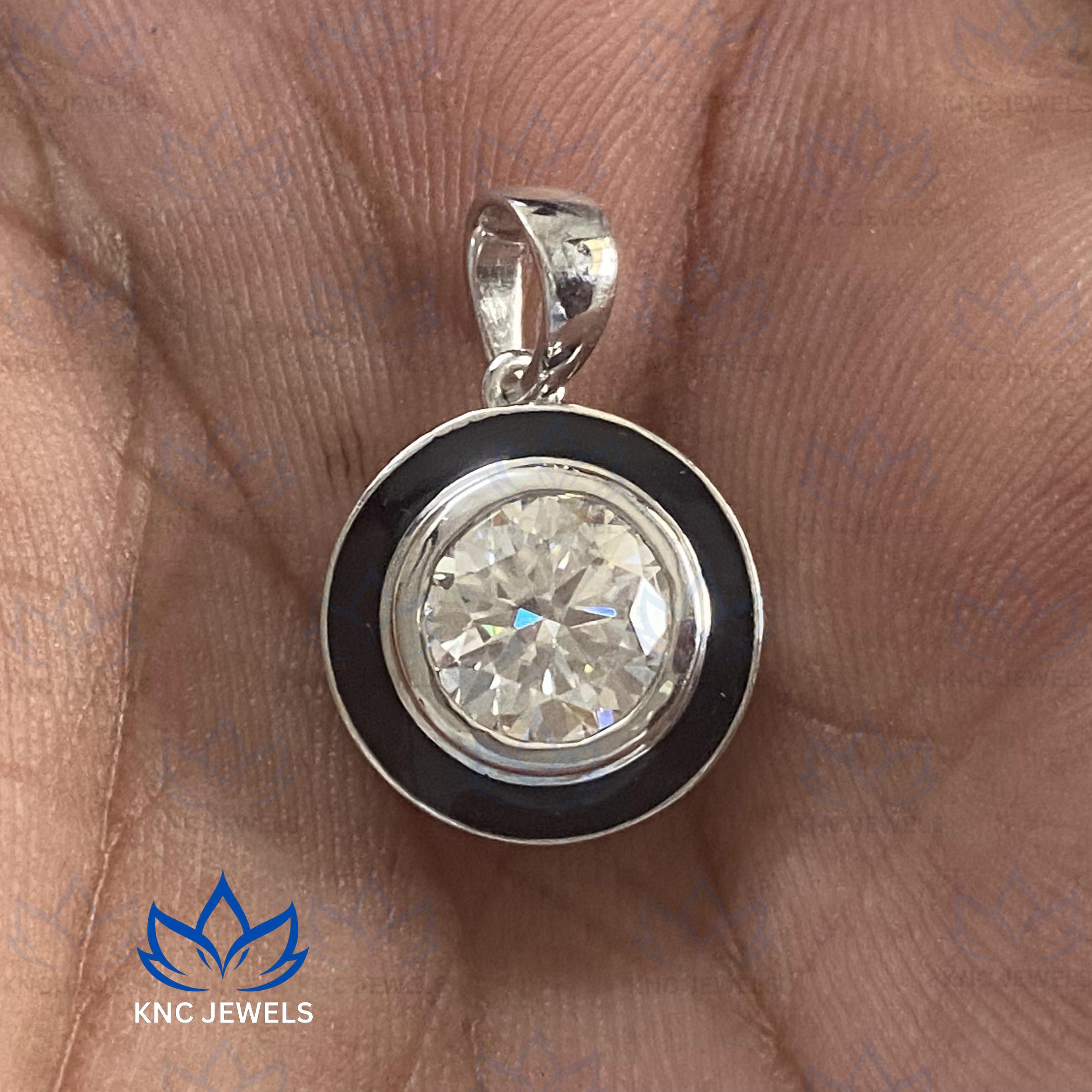 Georgian Style Moissanite Pendant Necklace: Sterling Silver, Black Enamel