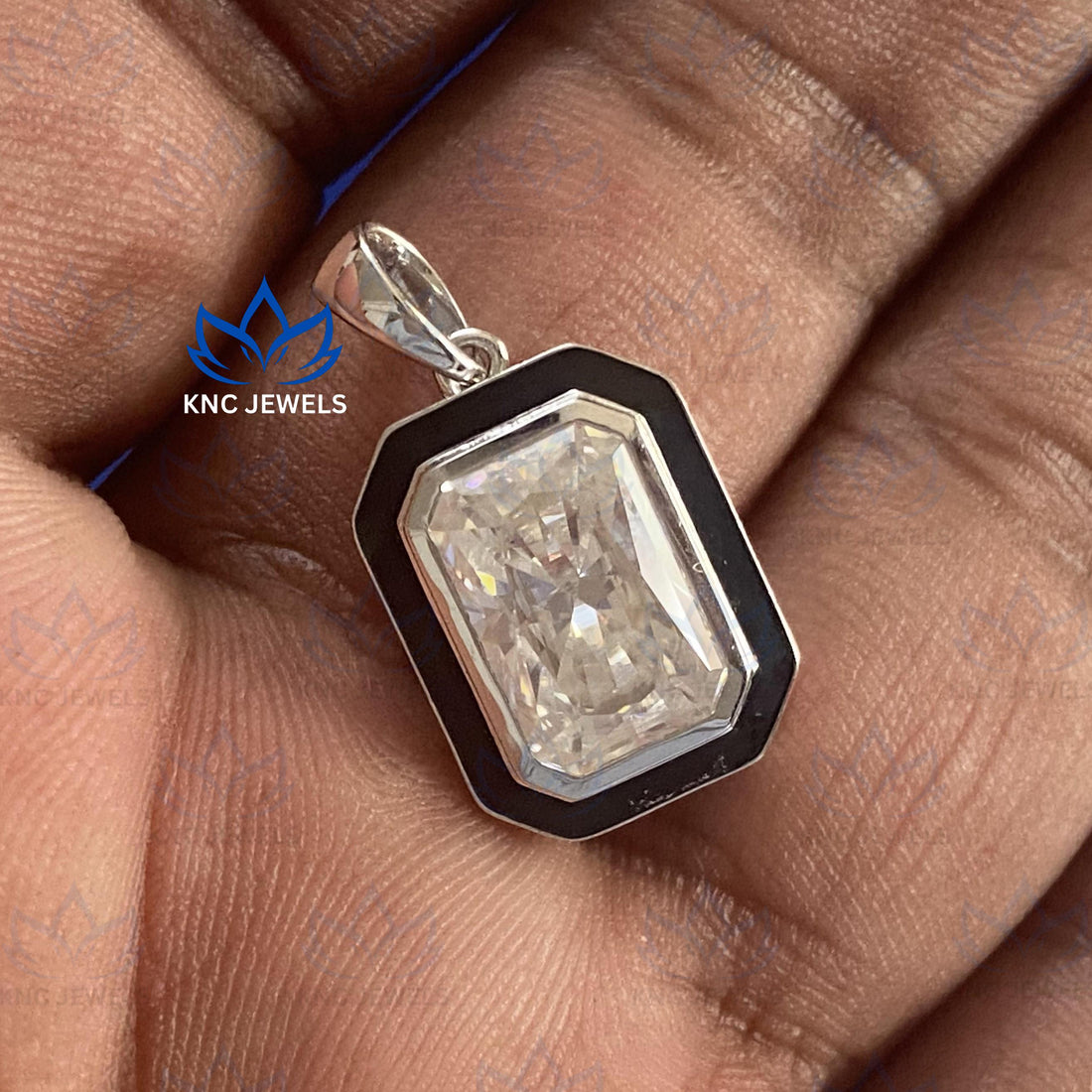 Radiant Cut Moissanite Pendant Necklace: Black Enamel Sterling Silver