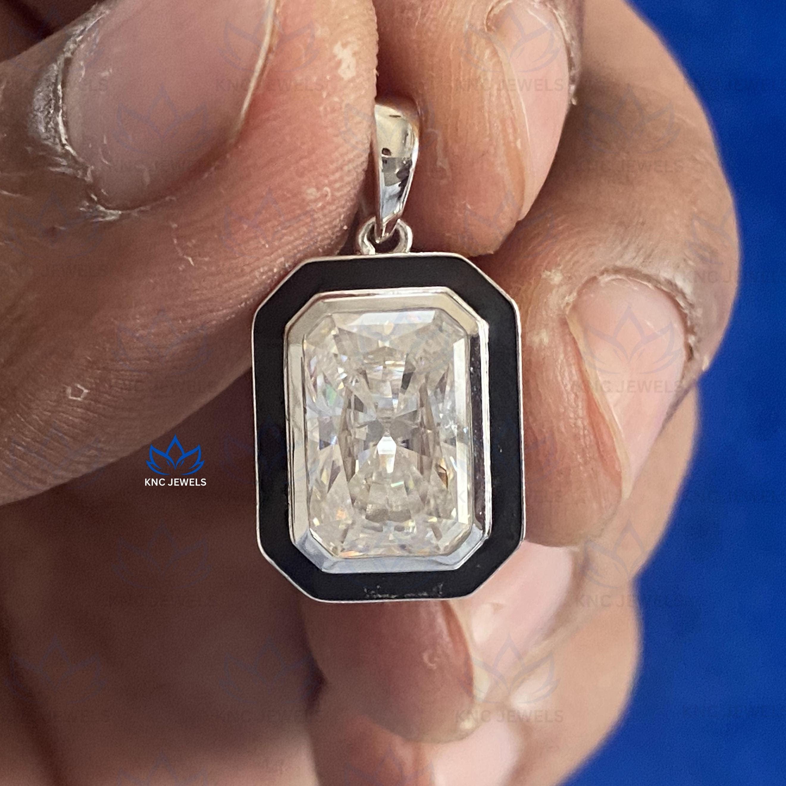 Radiant Cut Moissanite Pendant Necklace: Black Enamel Sterling Silver