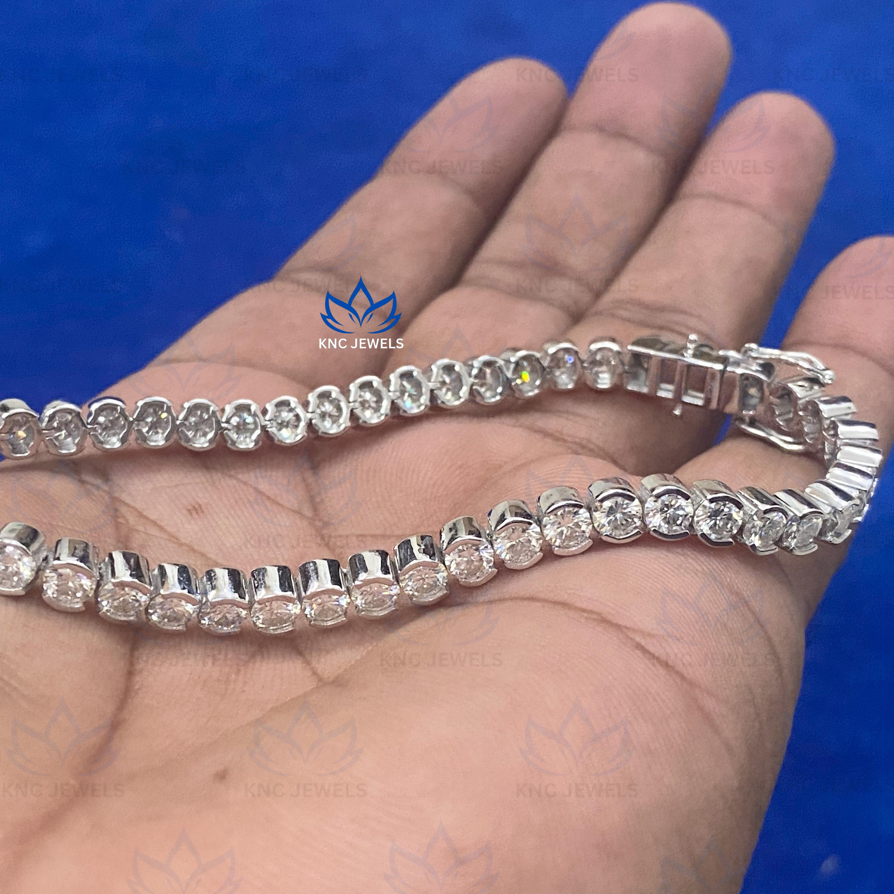 Round Cut Moissanite Tennis Bracelet, Half Bezel Set Diamond Anniversary Gift for Her