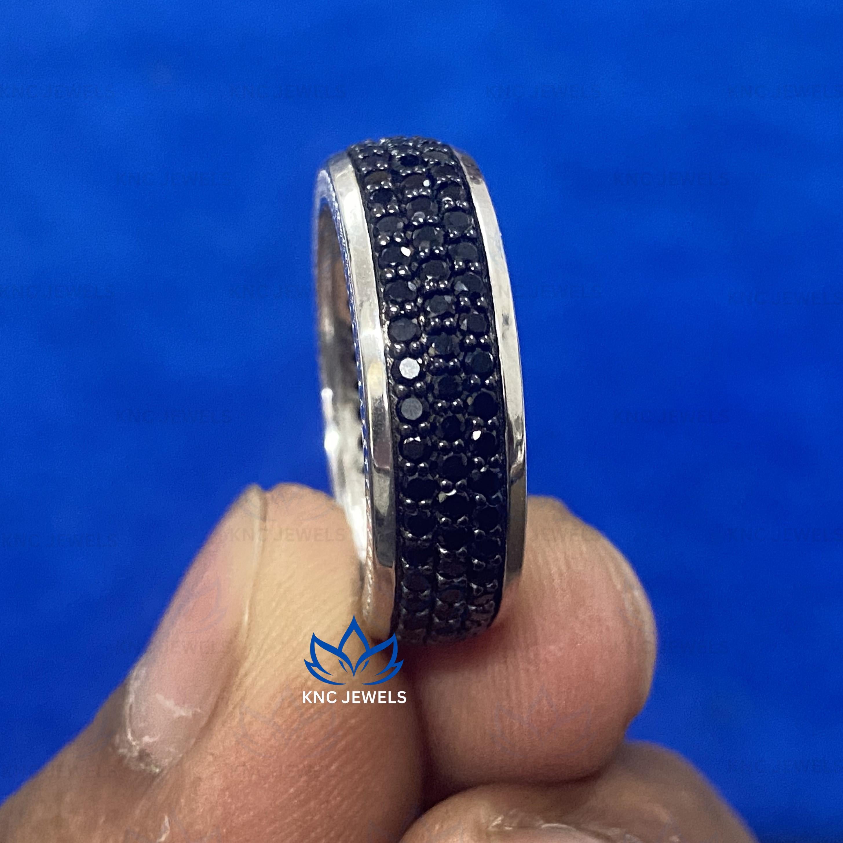 Black Moissanite Mens Wedding Band: Full Eternity Micro Pave Ring