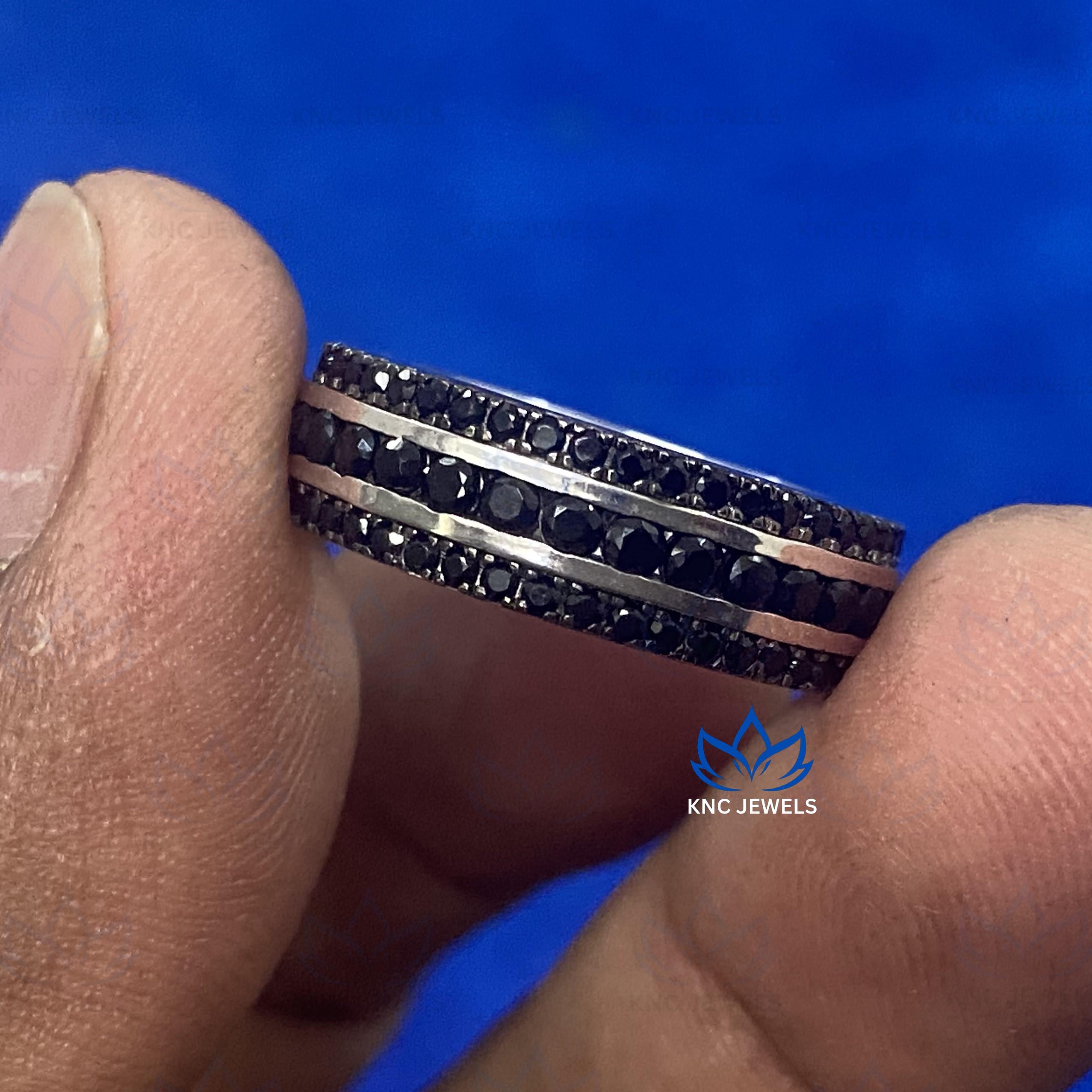 Black Moissanite Eternity Band: Sterling Silver Micro Pave Men's Ring