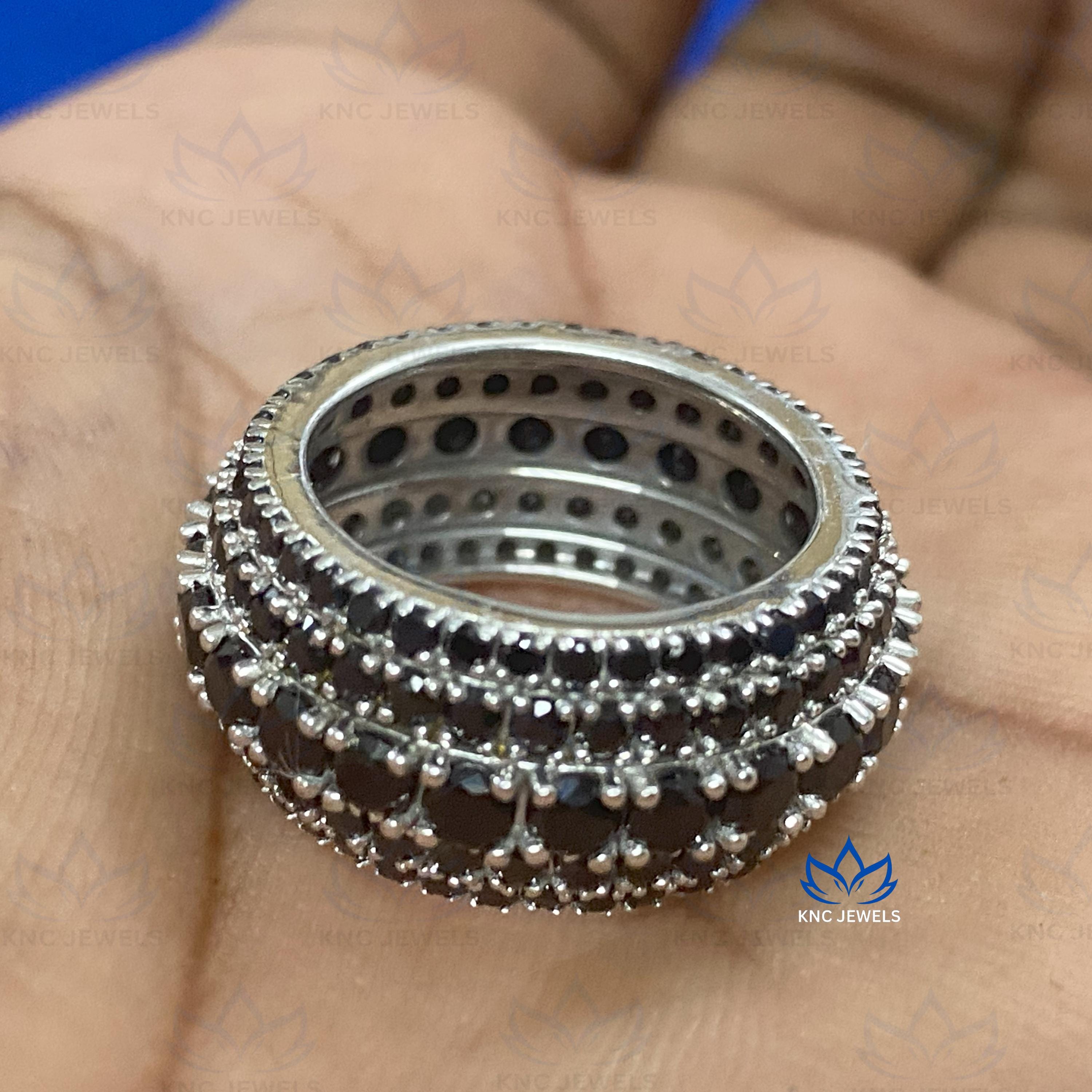 Black Moissanite Mens Eternity Band: 14K White Gold Plated Silver Wedding Ring