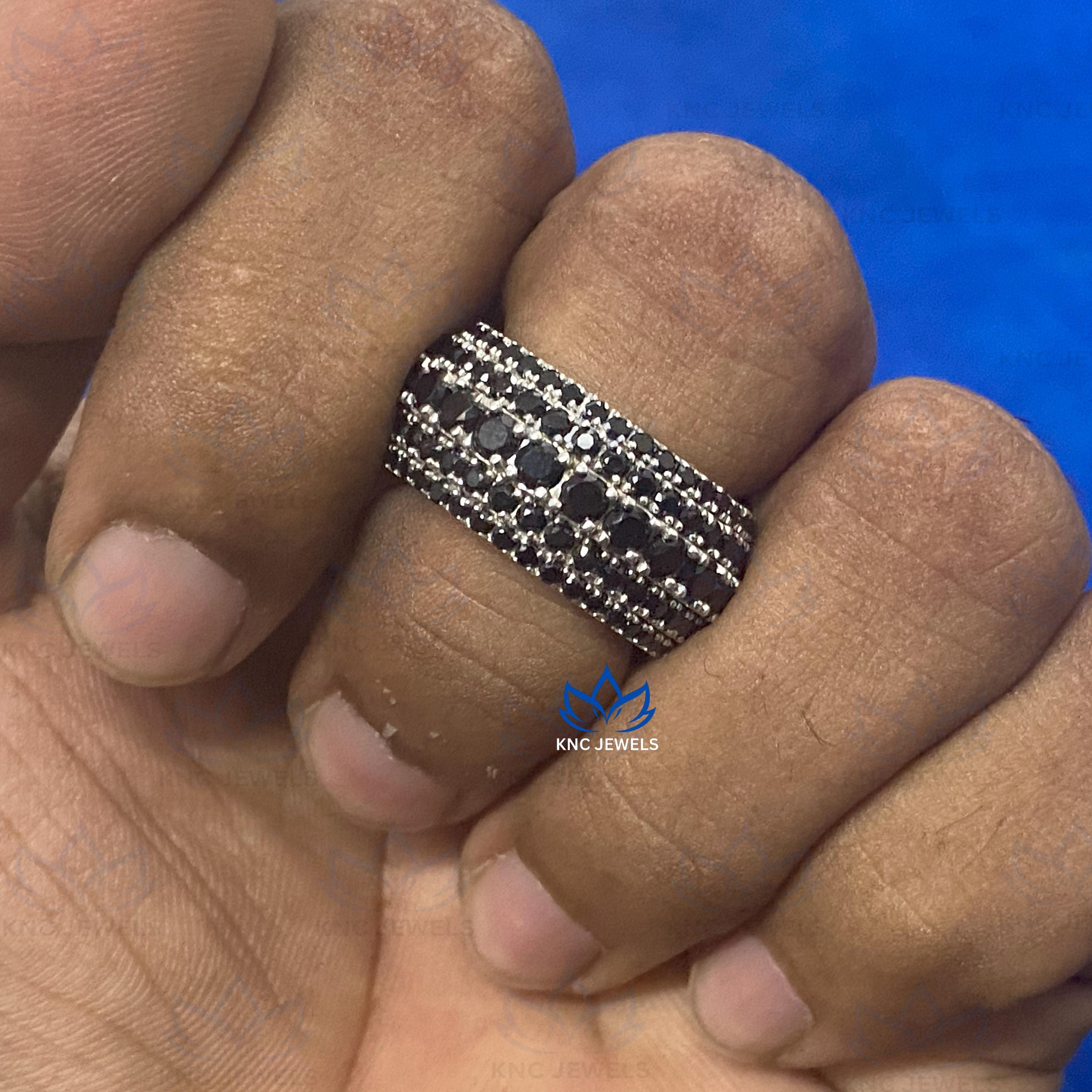 Black Moissanite Mens Eternity Band: 14K White Gold Plated Silver Wedding Ring