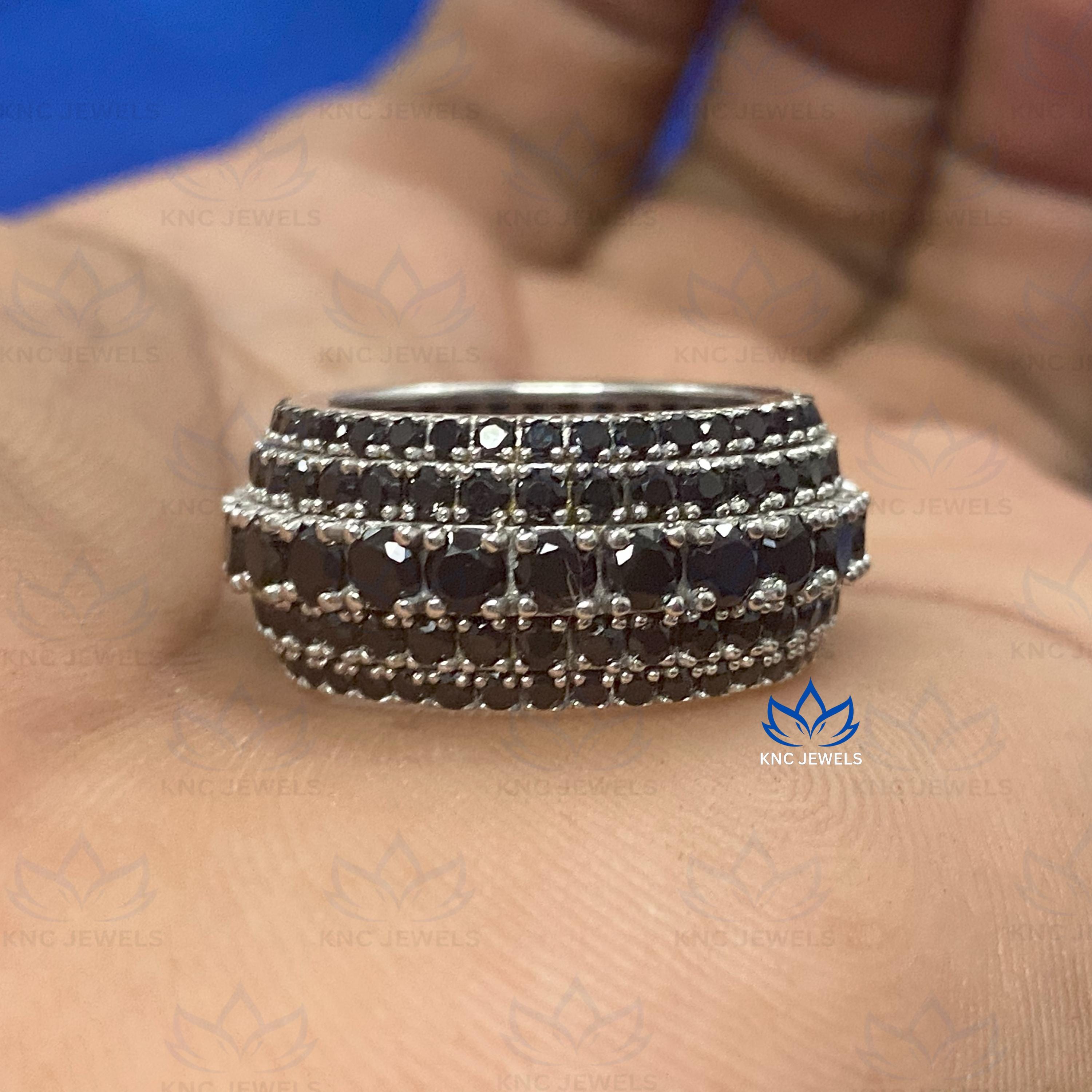 Black Moissanite Mens Eternity Band: 14K White Gold Plated Silver Wedding Ring