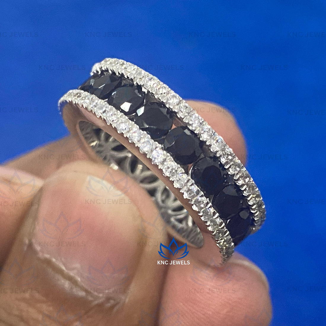 Lab Grown Diamond & Black Moissanite Eternity Band - Sterling Silver Wedding Ring