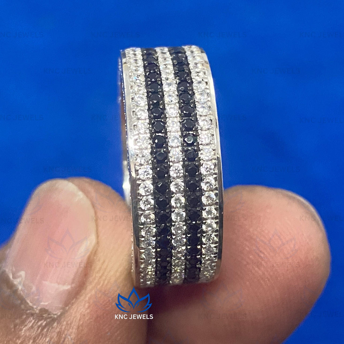 Mens Moissanite Wide Band Ring | Two Row Black White Stone Eternity Band | 14K Gold Wedding Ring for Him | Stackable Anniversary Gift