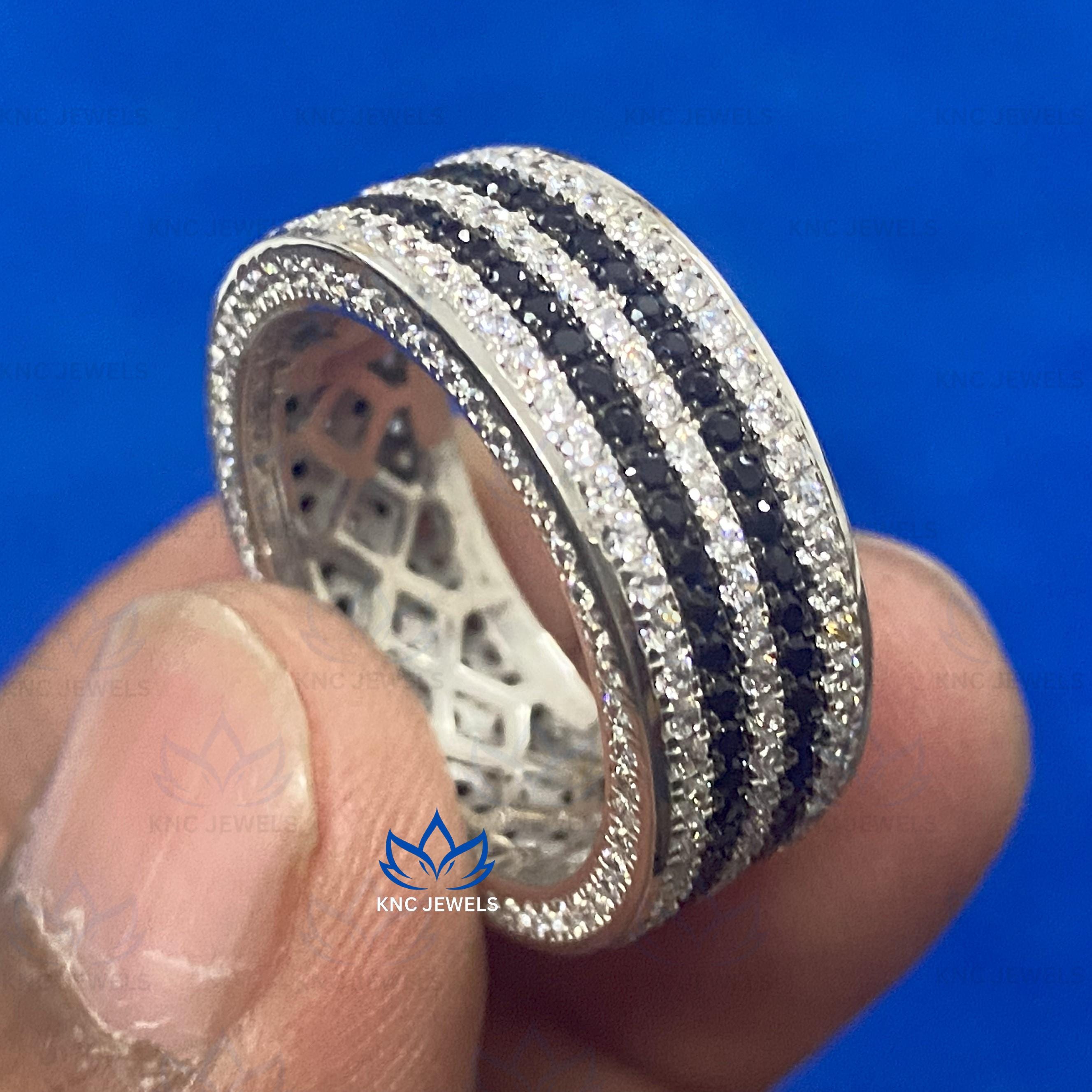 Lab Grown Diamond & Black Moissanite Mens Ring: Wide Two-Row Eternity Band