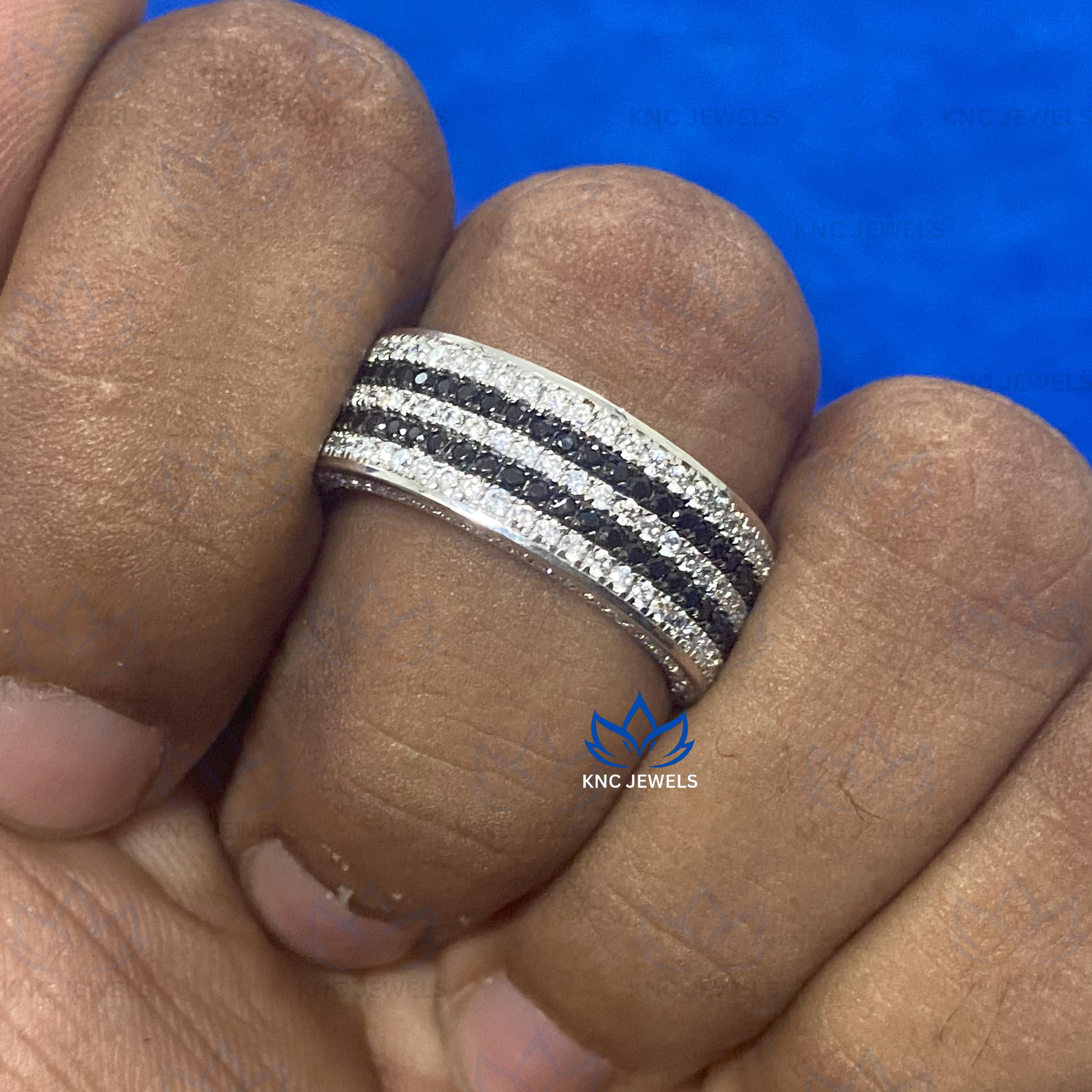 Lab Grown Diamond & Black Moissanite Mens Ring: Wide Two-Row Eternity Band