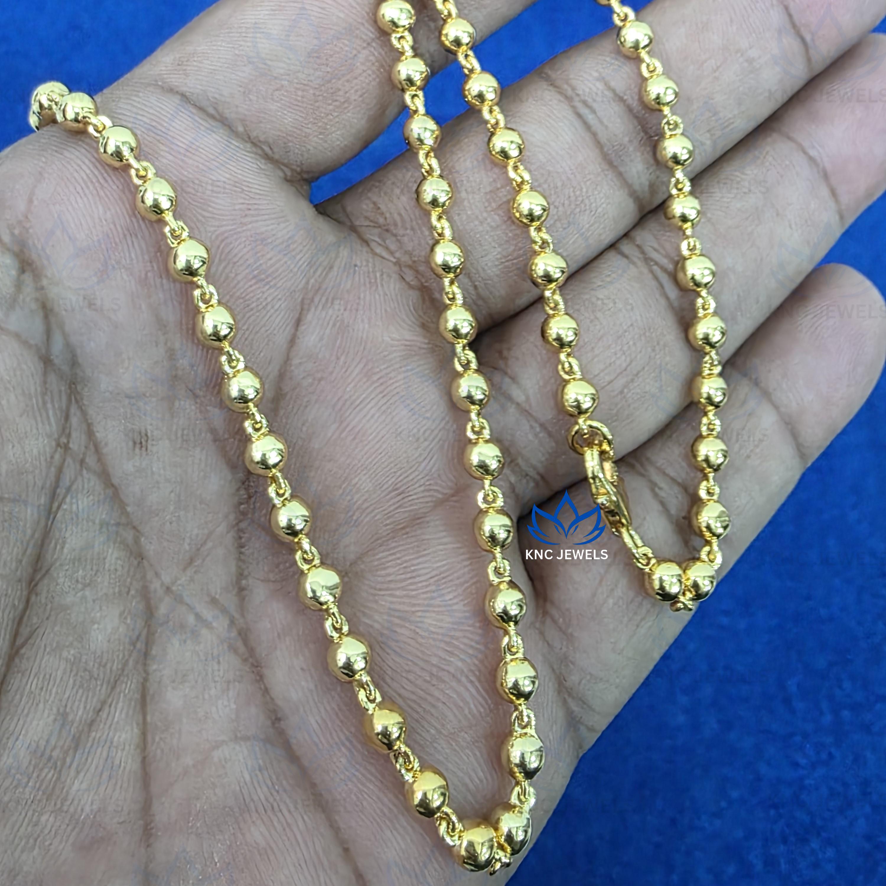 4mm Round Ball Chain Necklace, 925 Sterling Silver, Gold Plated Vermeil, Unisex Beaded Chain, Adjustable 15-24 Inch, Gift for Her or Him
