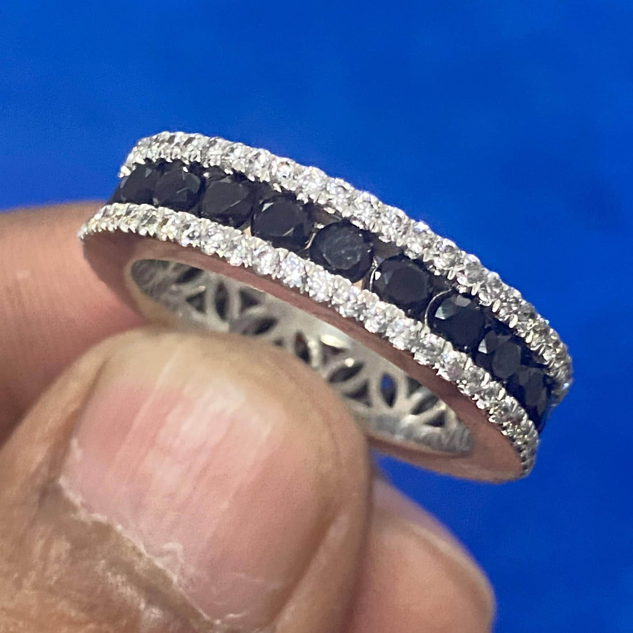 Mens Moissanite Wedding Band Black White 14K Gold Plated Silver Eternity Ring Men Engagement Band Handmade Gift for Him
