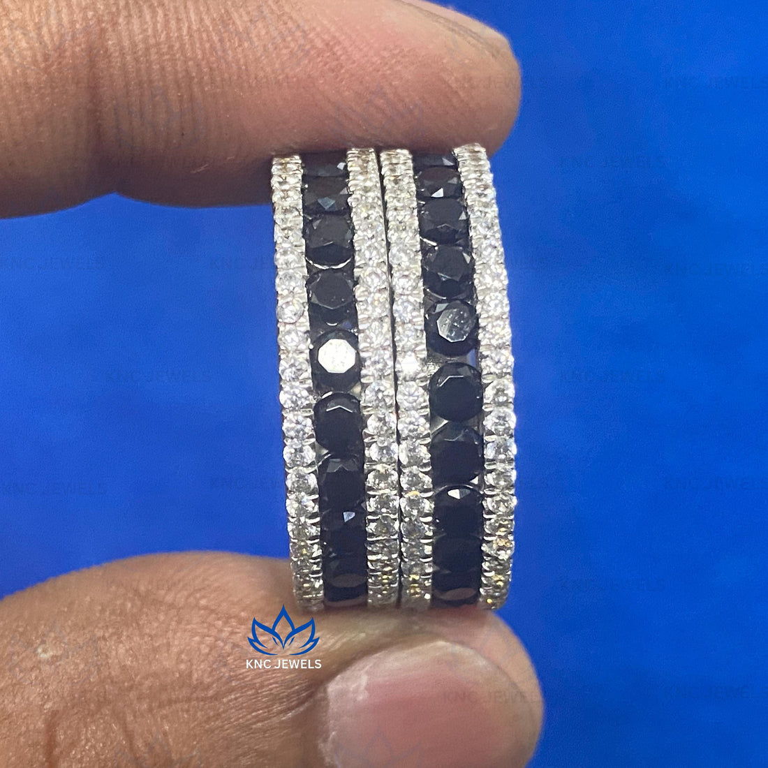 Mens Black Moissanite Eternity Band Black Plated Silver Stackable Wedding Ring Anniversary Band Gift for Him Art Deco Style