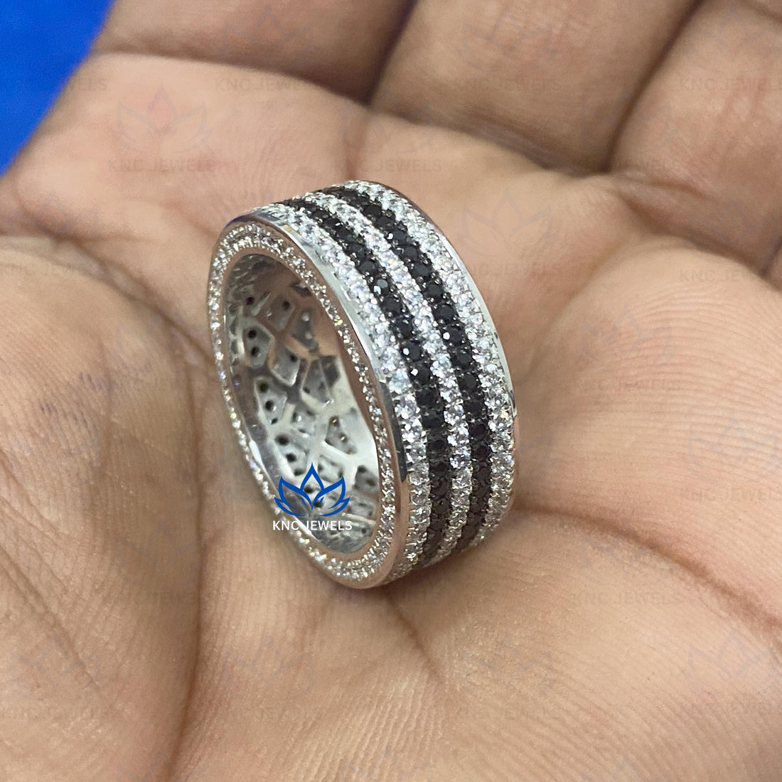 Lab Grown Diamond & Black Moissanite Mens Ring: Wide Two-Row Eternity Band