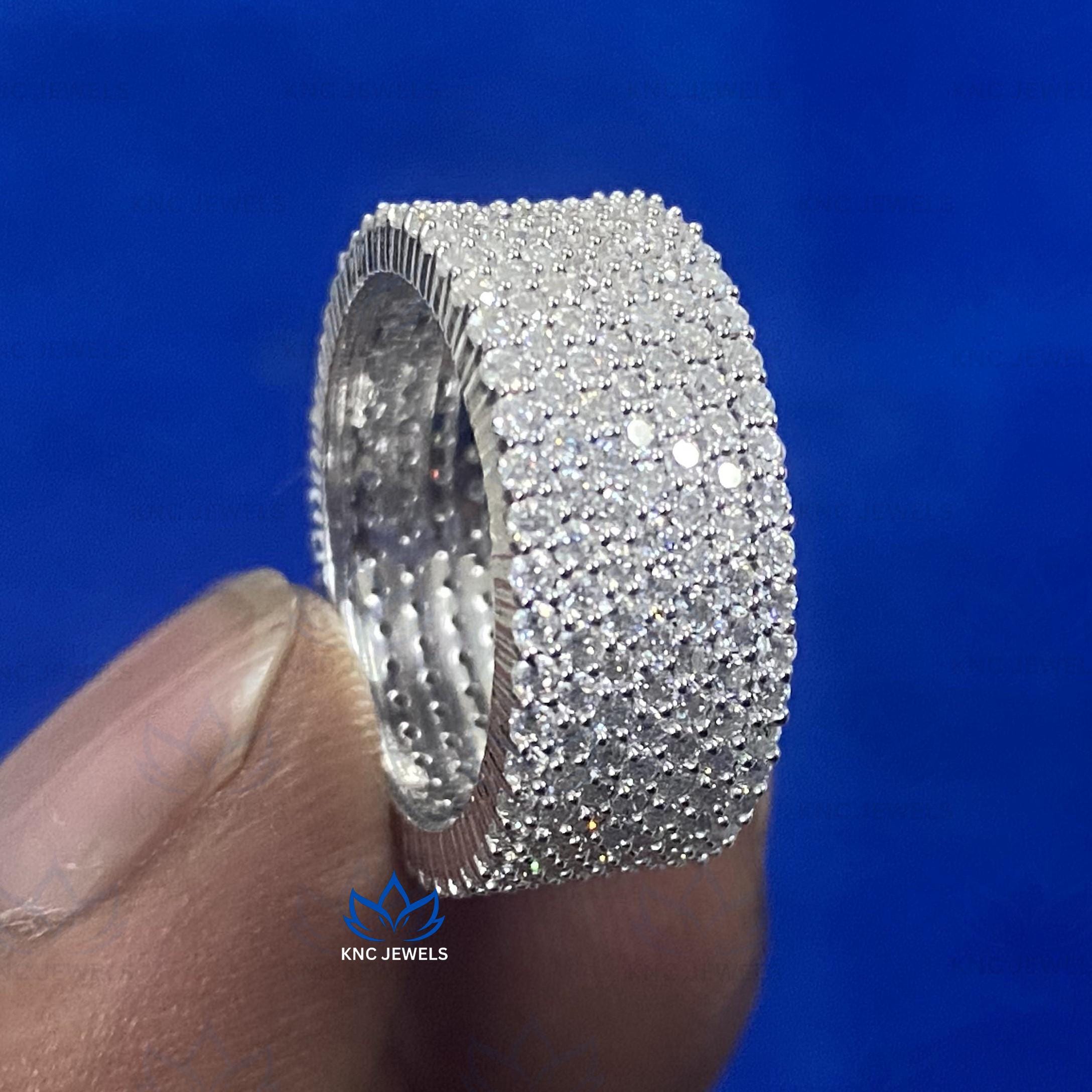 Moissanite Mens Eternity Band 5 Row VVS1 D Color Pave Set Round Cut White Gold Sterling Silver Wedding Ring Lab Grown Diamond Anniversary