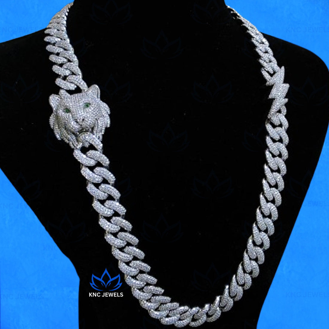 Tiger Face Moissanite Cuban Chain Mens Necklace with 925 Sterling Silver