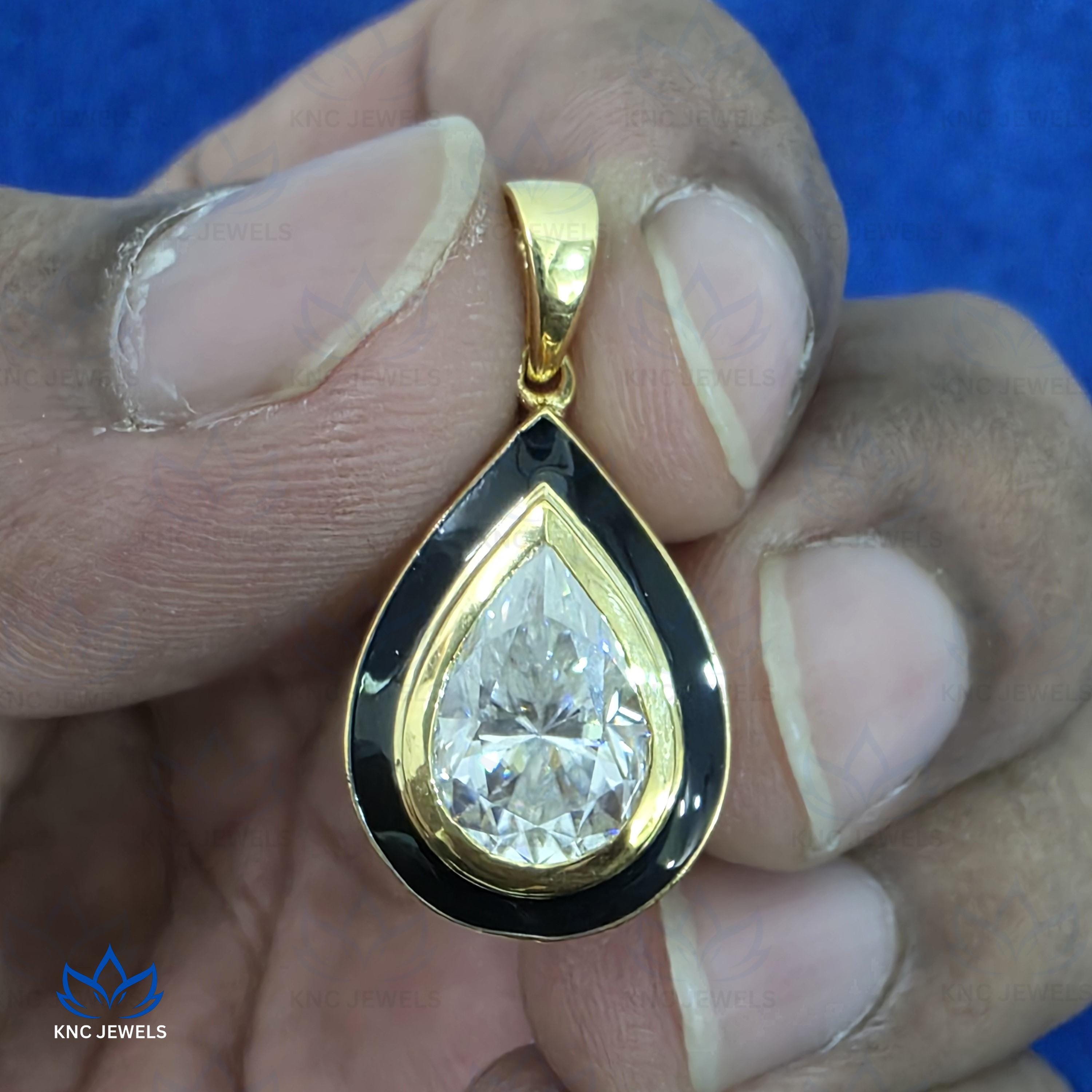 Pear Moissanite Pendant Necklace Sterling Silver Black Enamel Teardrop Gift for Her Art Deco Bridal Jewelry Anniversary Gift