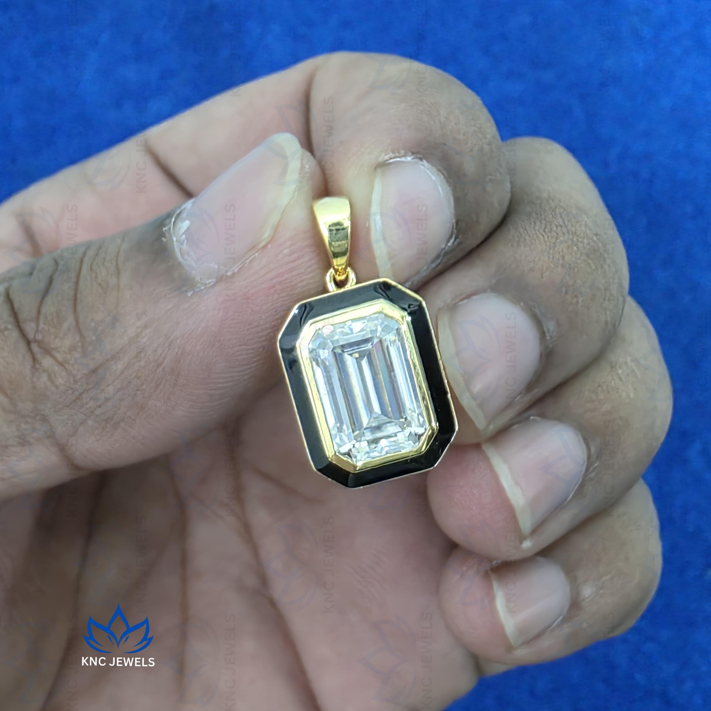 Emerald Cut Moissanite Necklace Art Deco Black Enamel Pendant Green Stone Georgian Jewelry Gold Silver Gift For Her