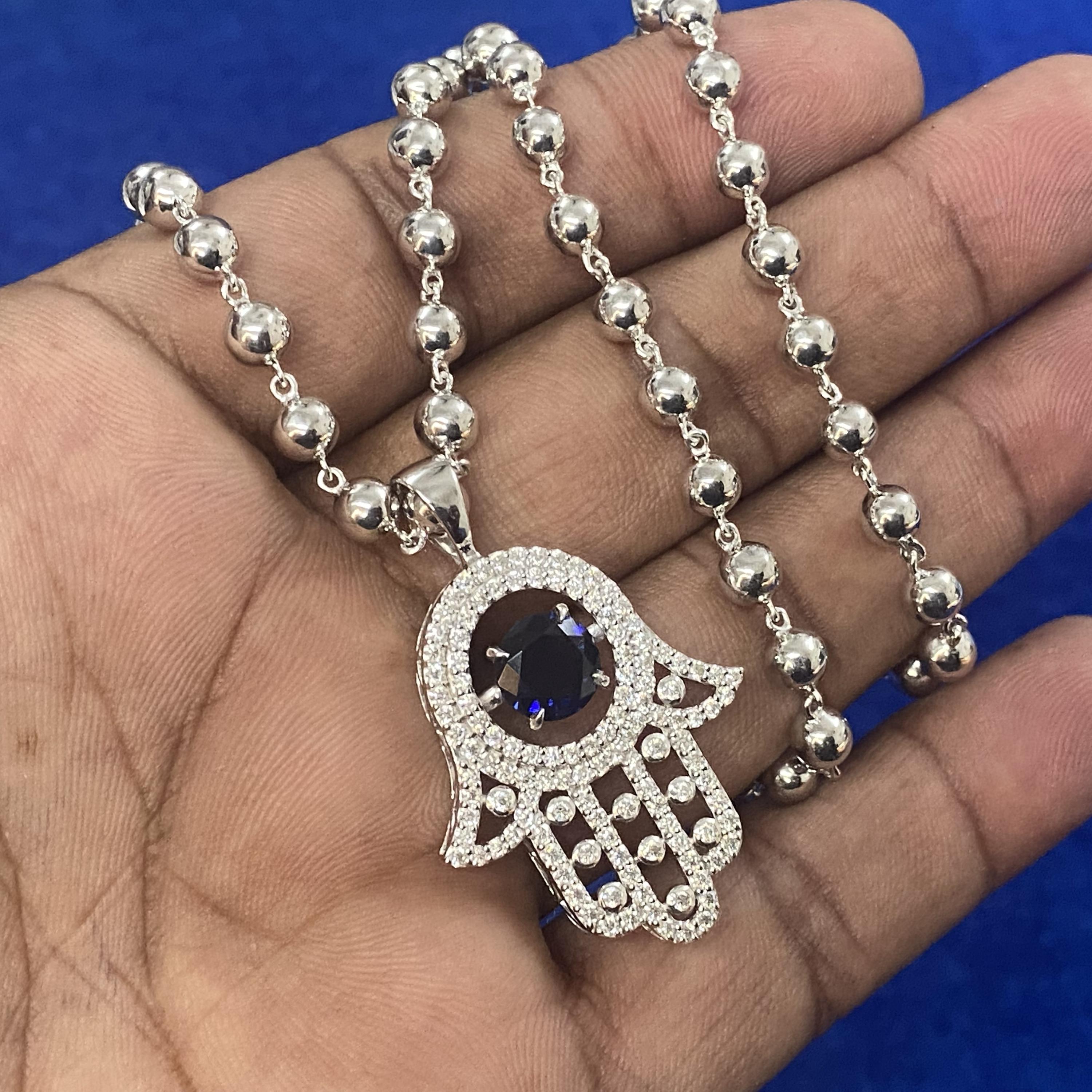 Hamsa Necklace Blue Sapphire | Sterling Silver Hand of Fatima Evil Eye Protection | Kabbalah Jewish Gift for Her | Judaica Pendant