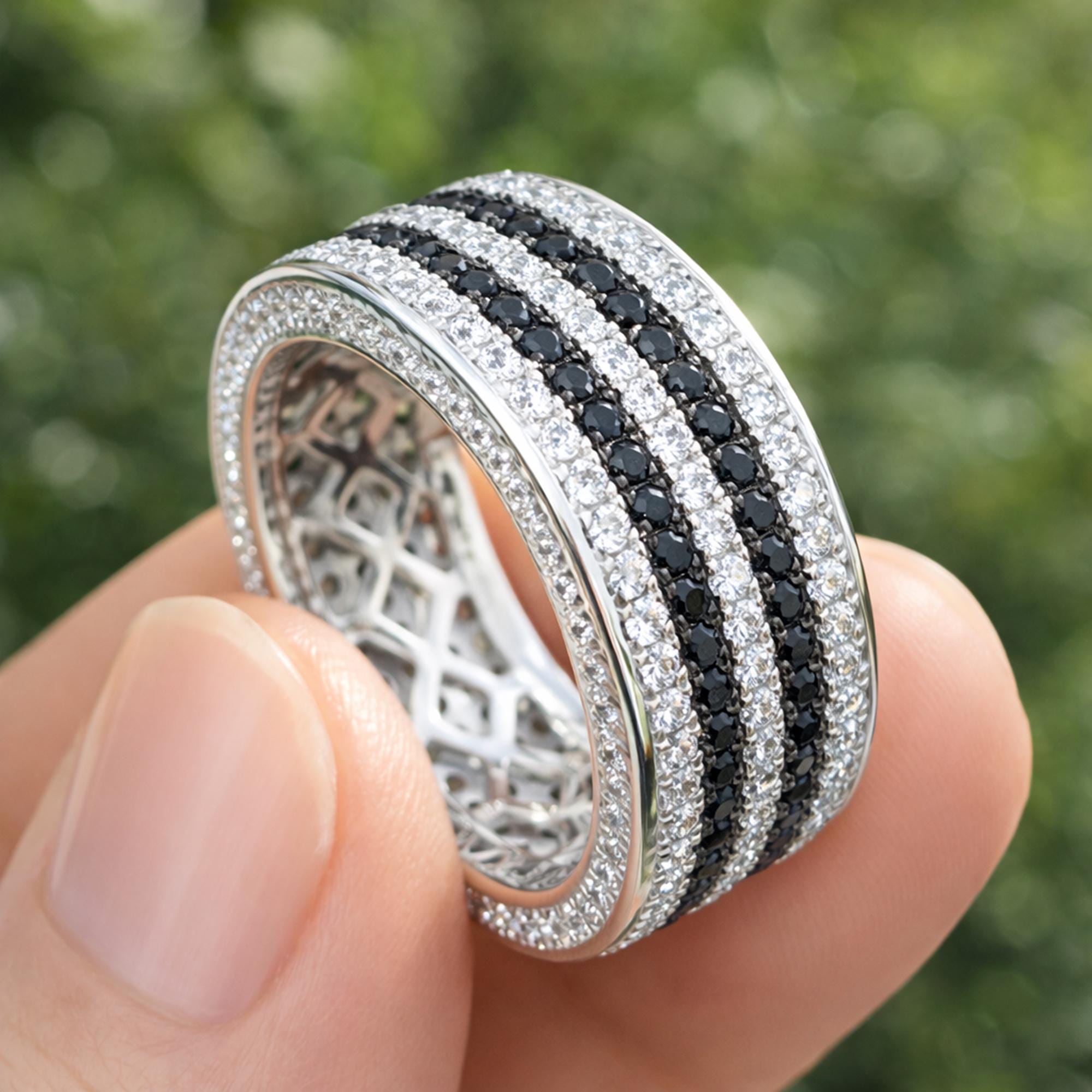 Mens Moissanite Wide Band Ring | Two Row Black White Stone Eternity Band | 14K Gold Wedding Ring for Him | Stackable Anniversary Gift