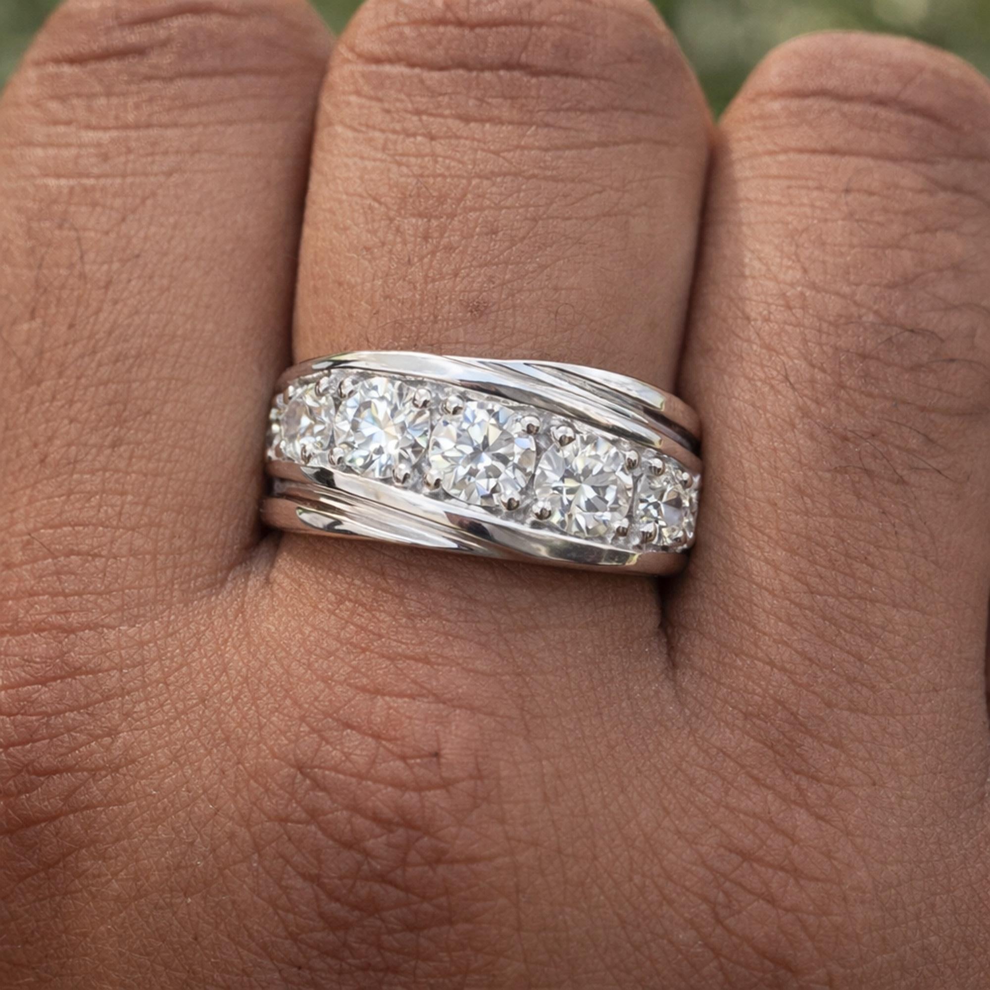 Mens Moissanite Eternity Band, Round Cut VVS1 D Color, 14K Gold Wedding Ring, Anniversary Gift for Him, Art Deco Cluster Band, Made to Order