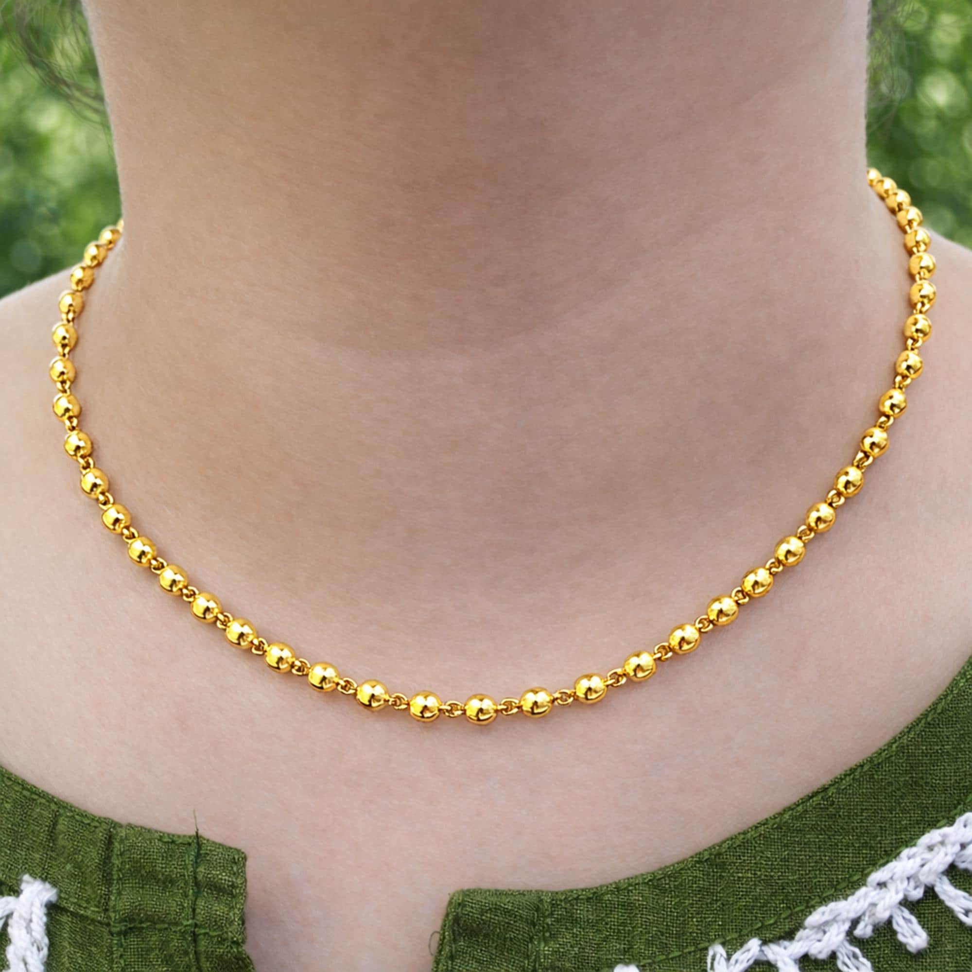 4mm Round Ball Chain Necklace, 925 Sterling Silver, Gold Plated Vermeil, Unisex Beaded Chain, Adjustable 15-24 Inch, Gift for Her or Him