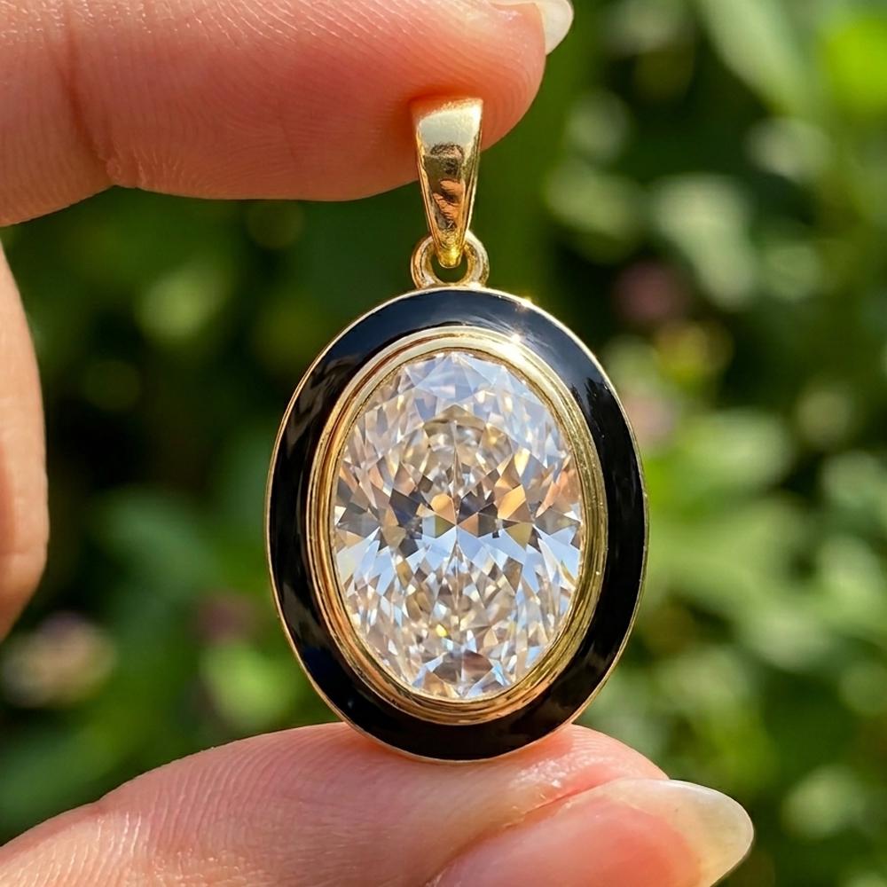 Georgian Moissanite Pendant Necklace Black Enamel Oval Collet Set Edwardian Antique Style Gold Jewelry Gift for Her