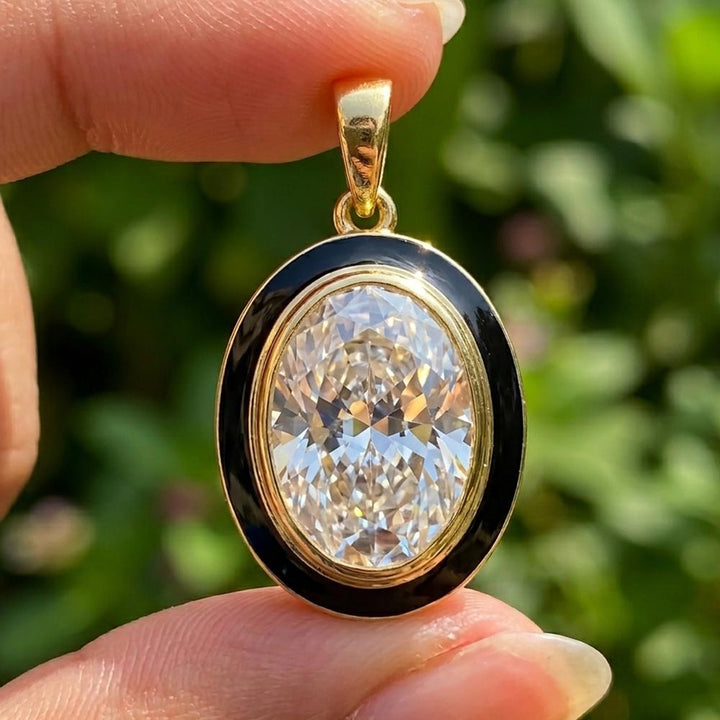 Georgian Moissanite Pendant Necklace Black Enamel Oval Collet Set Edwardian Antique Style Gold Jewelry Gift for Her