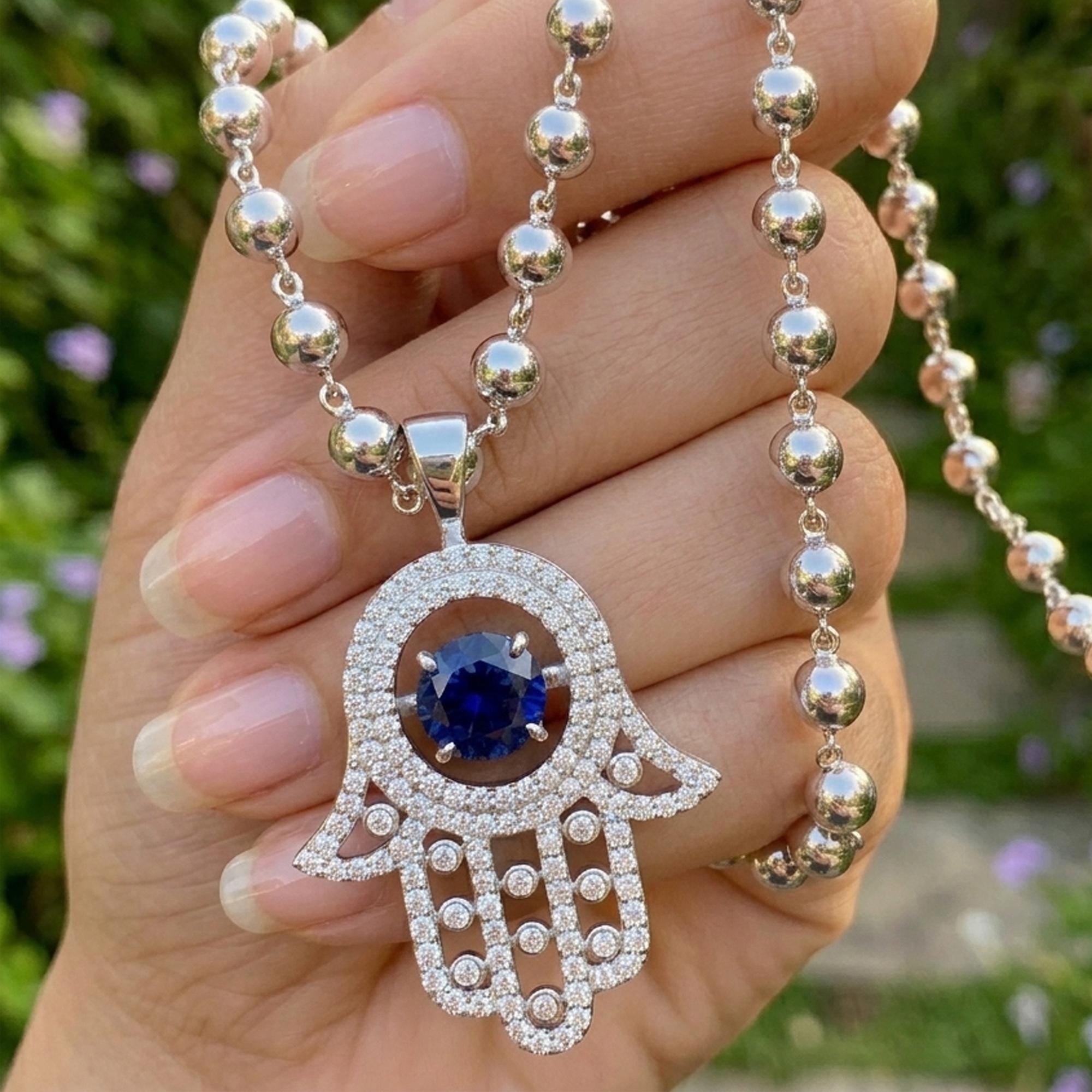 Hamsa Necklace Blue Sapphire | Sterling Silver Hand of Fatima Evil Eye Protection | Kabbalah Jewish Gift for Her | Judaica Pendant