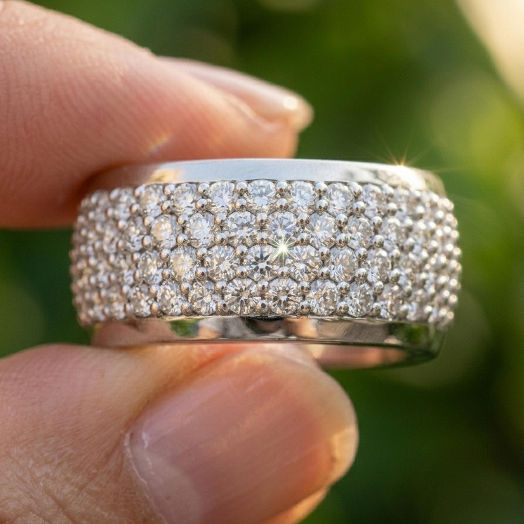 Mens Moissanite Wedding Band, Sterling Silver Pave Ring, Round Cut Anniversary Band, 925 Silver Ring for Husband, VVS1 Engagement Gift