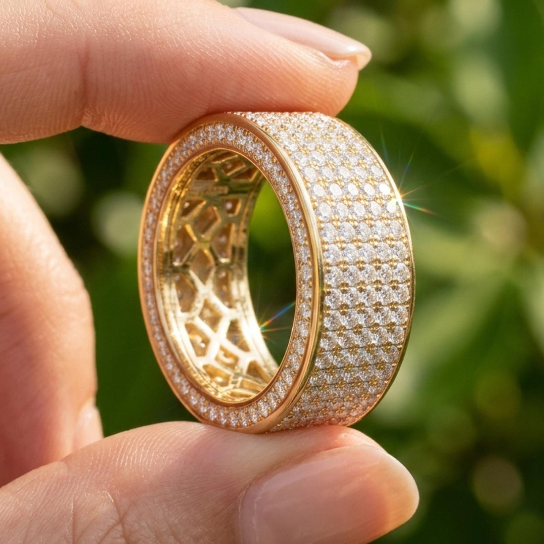 Mens Moissanite Wide Eternity Band Solid Gold Five Row Ring VVS Hip Hop Iced Out Wedding Band Gift