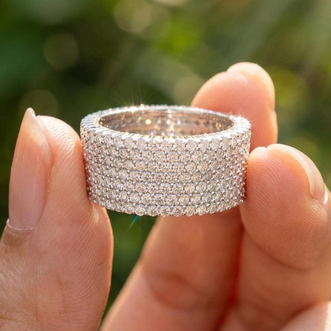 Moissanite Mens Eternity Band 5 Row VVS1 D Color Pave Set Round Cut White Gold Sterling Silver Wedding Ring Lab Grown Diamond Anniversary