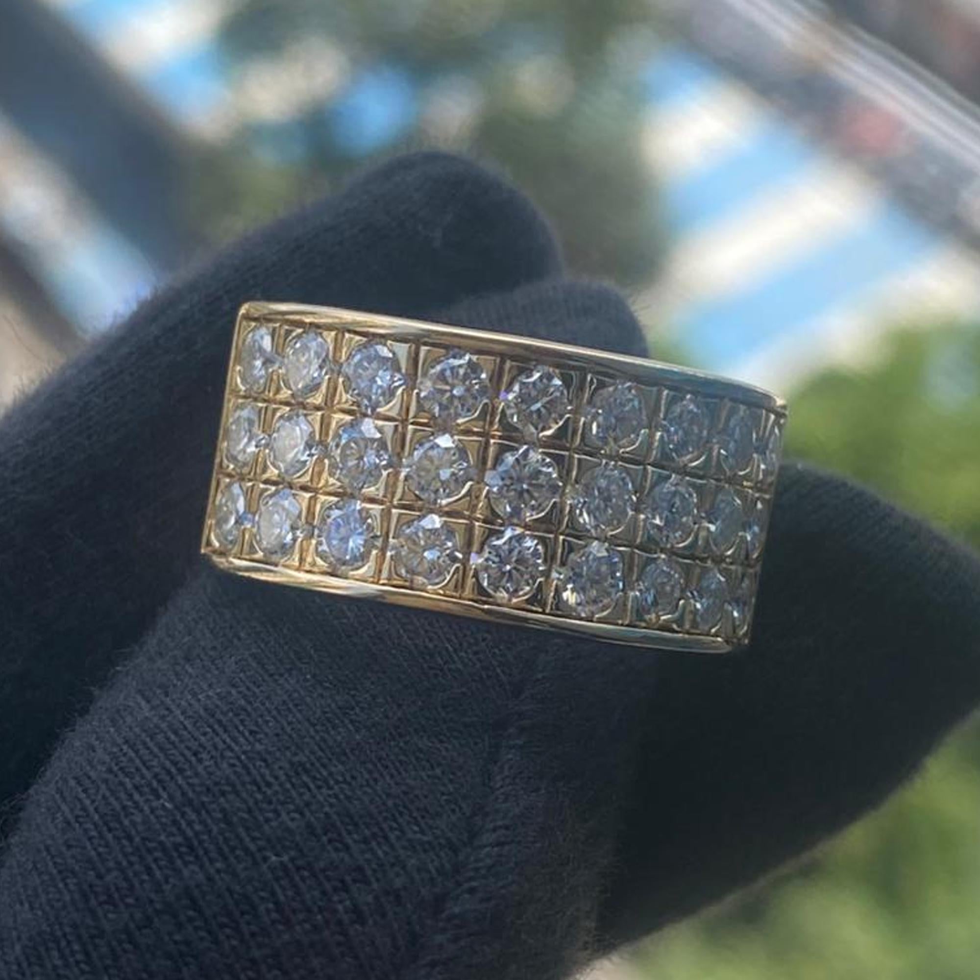 3 Row Moissanite Wide Band Ring Yellow Gold Mens Moissanite Wedding Band Statement Ring Luxury Gift