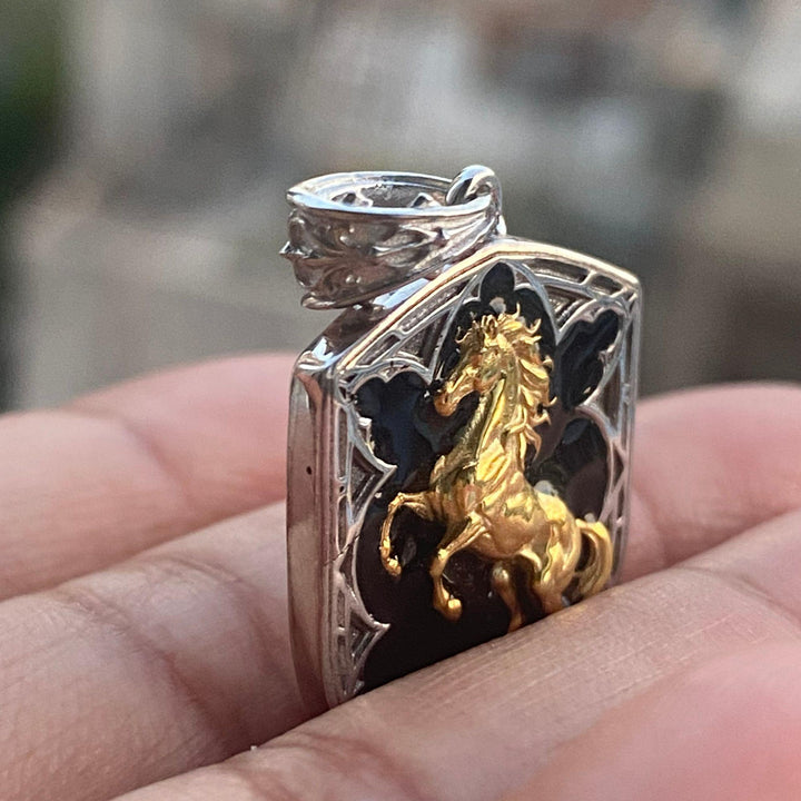 Men's Rearing Horse Pendant Necklace 925 Sterling Silver | Gothic Shield Equestrian Charm | Black Enamel Gold Horse | Birthday Gift for Him