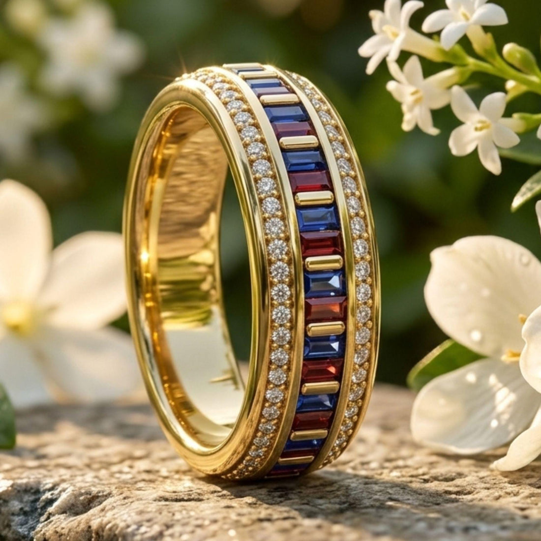 Mens Moissanite Garnet Eternity Ring, Baguette Round Cut Wedding Band, 14K Gold Full Eternity Stackable Ring, Anniversary Gift for Him