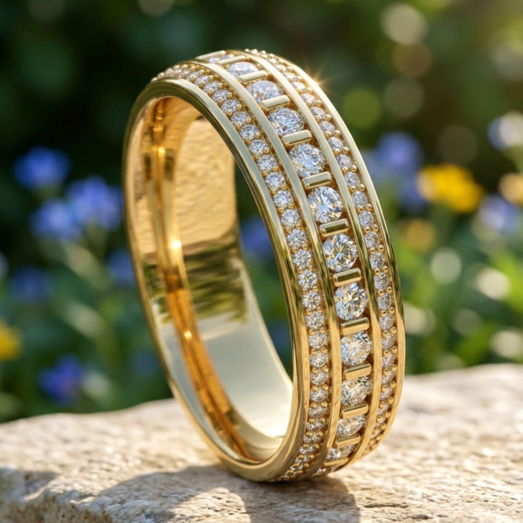 Blue Sapphire Moissanite Eternity Wedding Band | 14K Gold Stacking Anniversary Ring | Baguette Full Eternity Ring Gift for Her