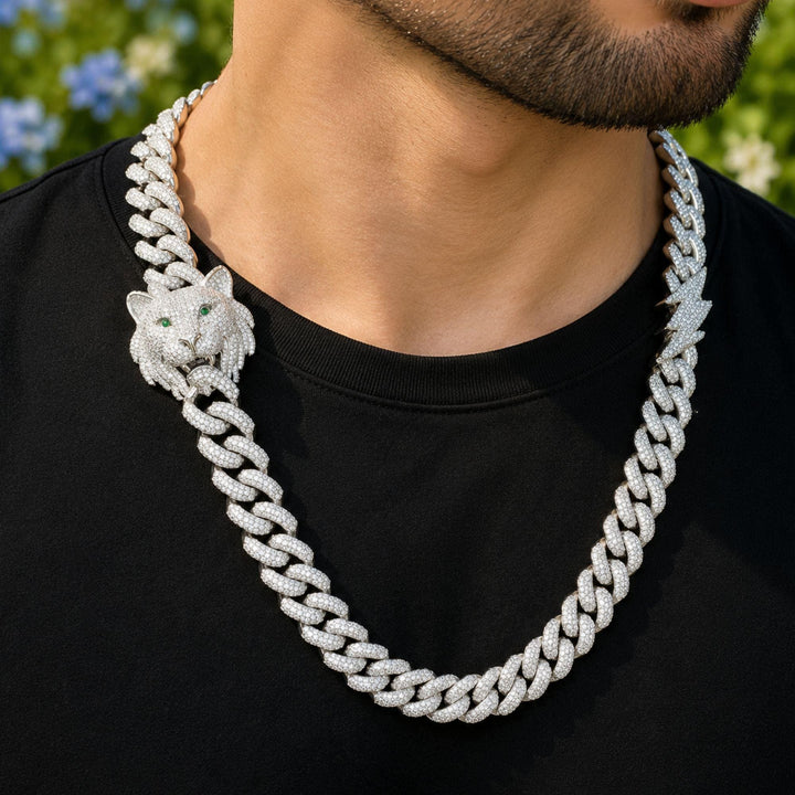 Tiger Face Moissanite Cuban Chain Mens Necklace with 925 Sterling Silver