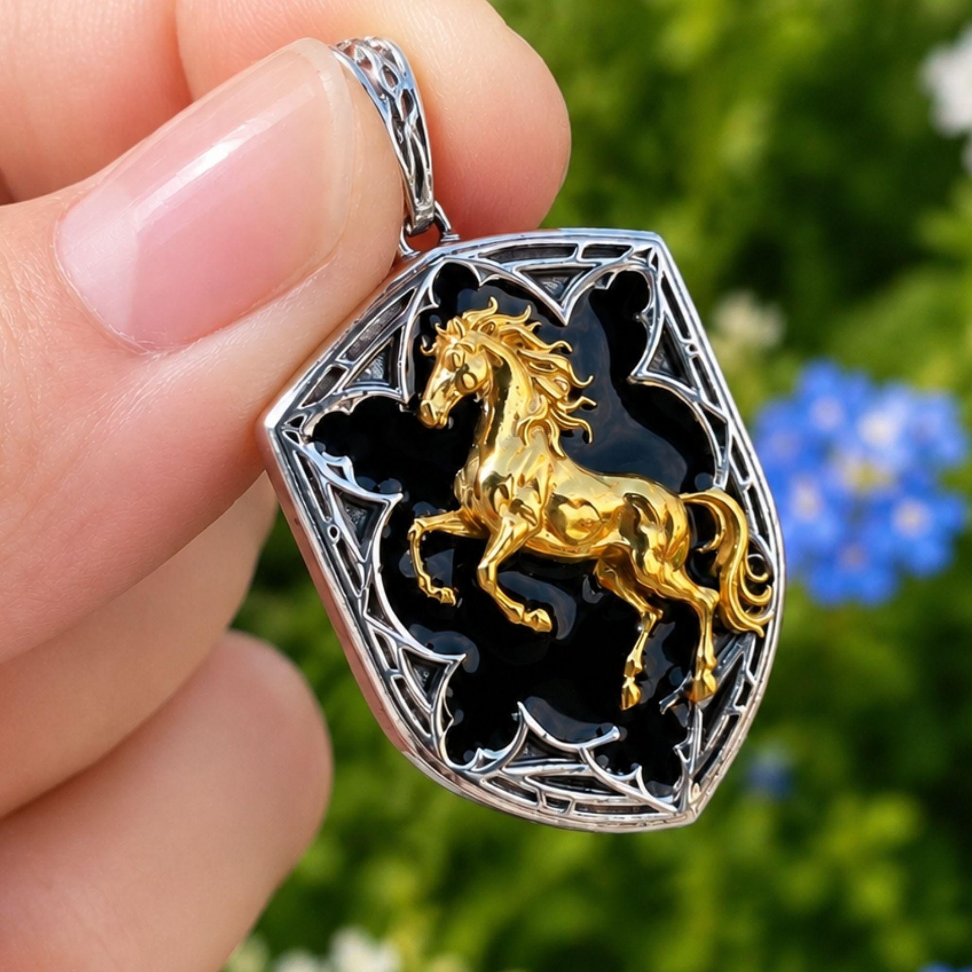 Men's Rearing Horse Pendant Necklace 925 Sterling Silver | Gothic Shield Equestrian Charm | Black Enamel Gold Horse | Birthday Gift for Him