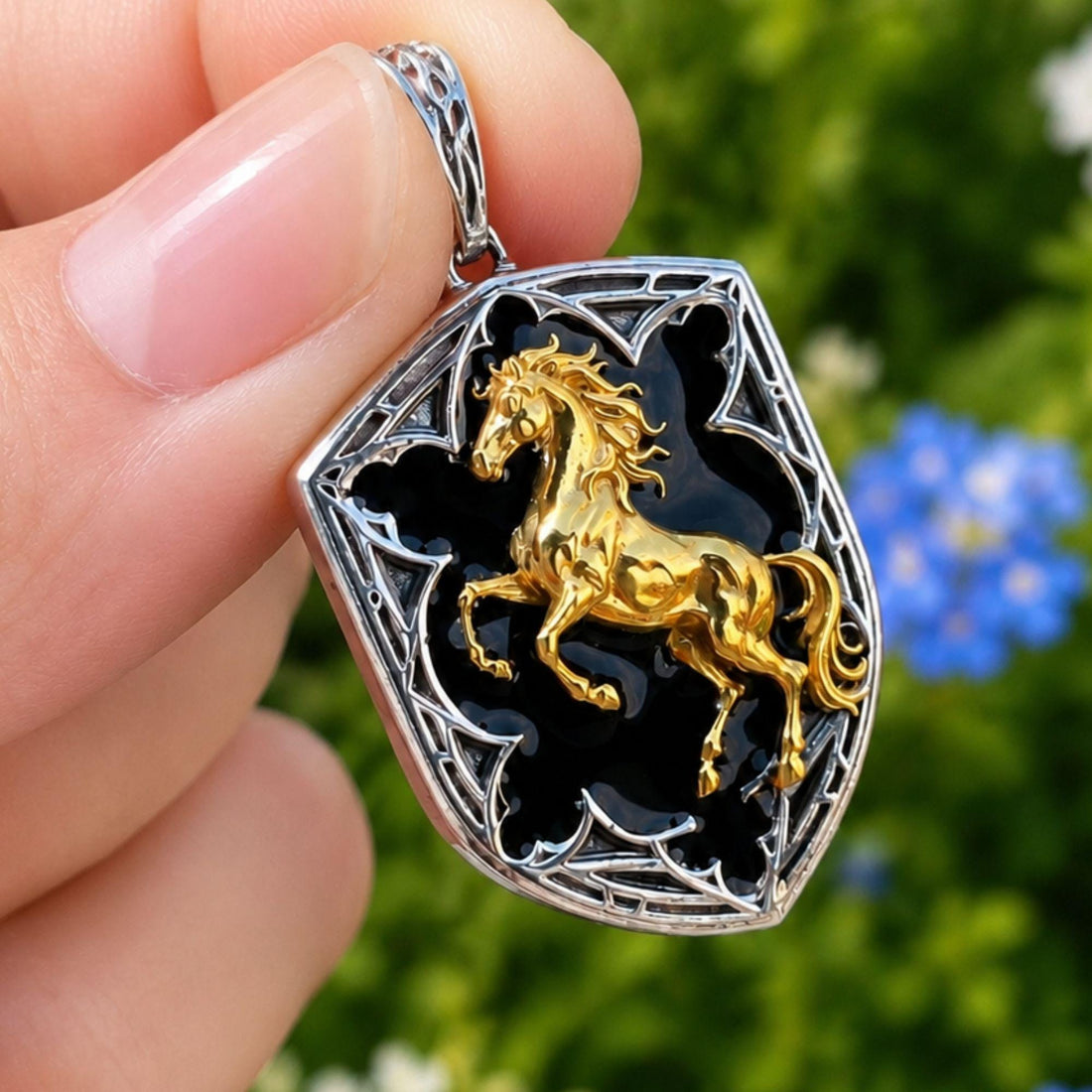 Men's Rearing Horse Pendant Necklace 925 Sterling Silver | Gothic Shield Equestrian Charm | Black Enamel Gold Horse | Birthday Gift for Him