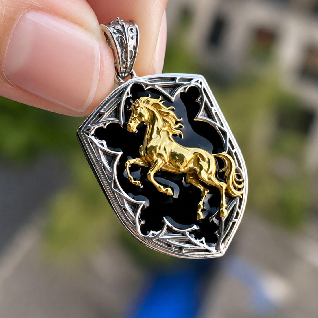 Men's Rearing Horse Pendant Necklace 925 Sterling Silver | Gothic Shield Equestrian Charm | Black Enamel Gold Horse | Birthday Gift for Him