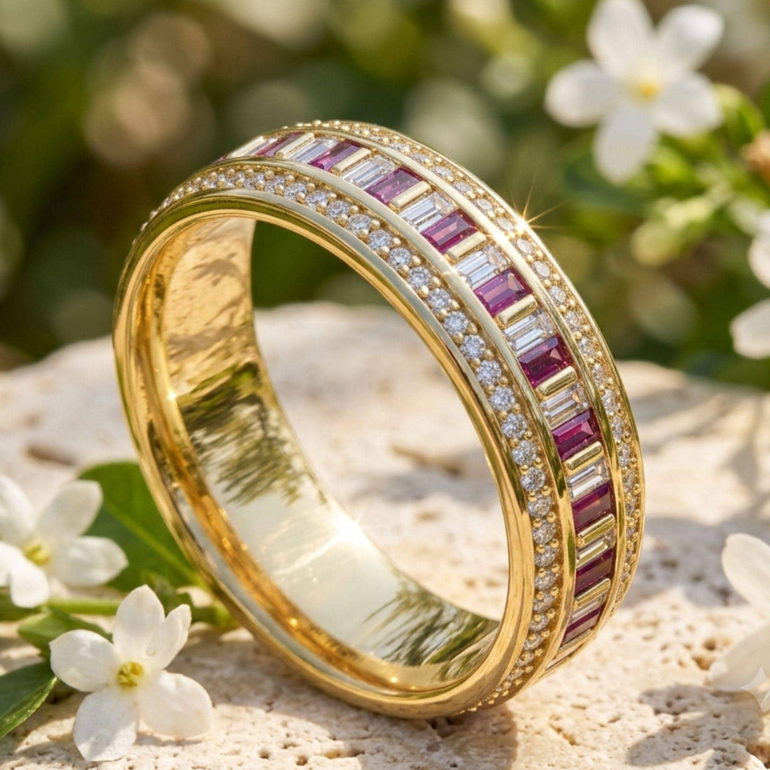 Mens Moissanite Garnet Eternity Ring, Baguette Round Cut Wedding Band, 14K Gold Full Eternity Stackable Ring, Anniversary Gift for Him