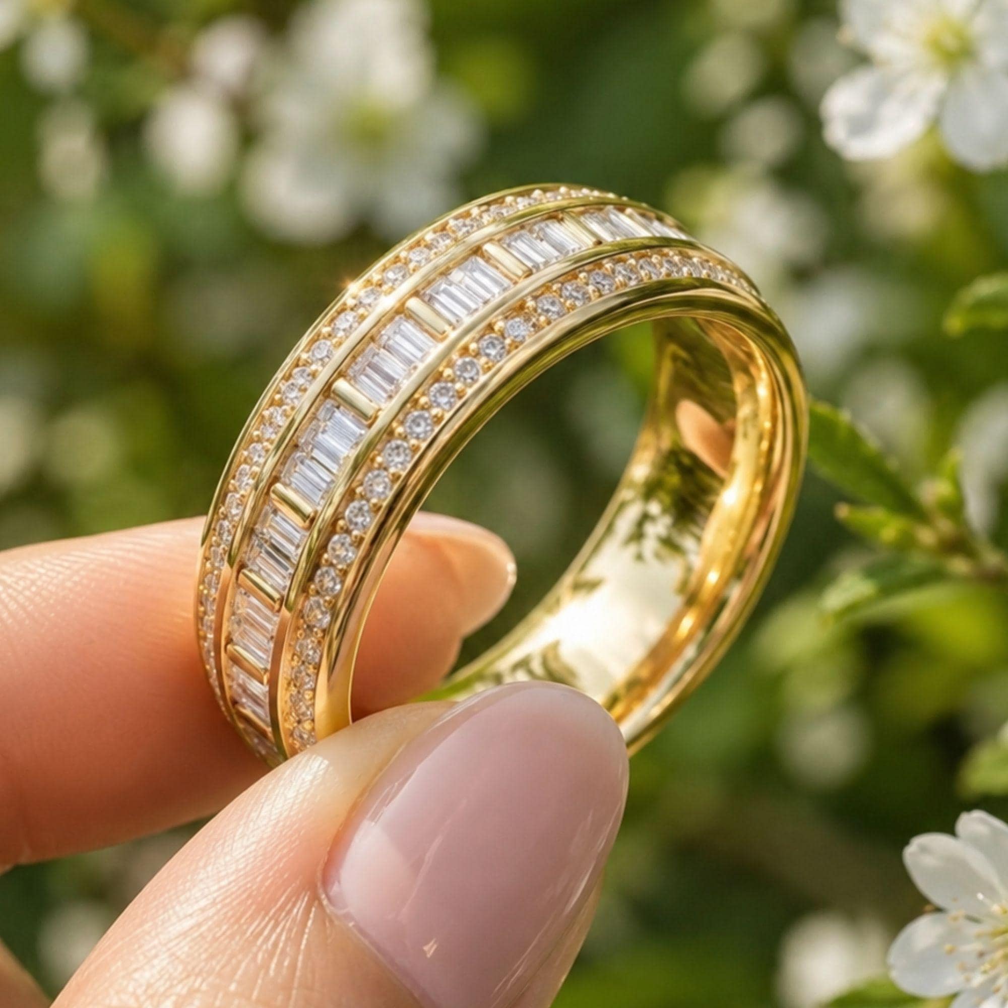 Baguette Moissanite Eternity Band, 14K Gold Full Eternity Wedding Ring, Baguette & Round Cut Stackable Anniversary Band, Bridal Gift for Her